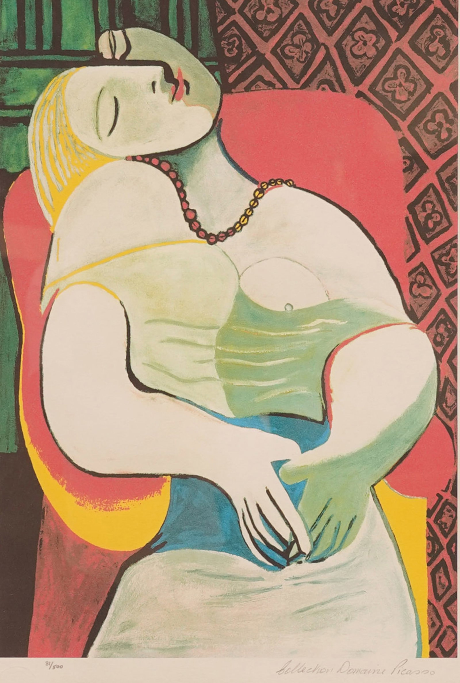 After Pablo Picasso, 1881-1973, Le Reve: lithograph in colors, inscribed "Collection Domaine Picasso", numbered 81/500 in pencil, and with a blindstamp lower left, sight: 24 x 16 3/4 in., frame: 40 x 32 3/4 in.