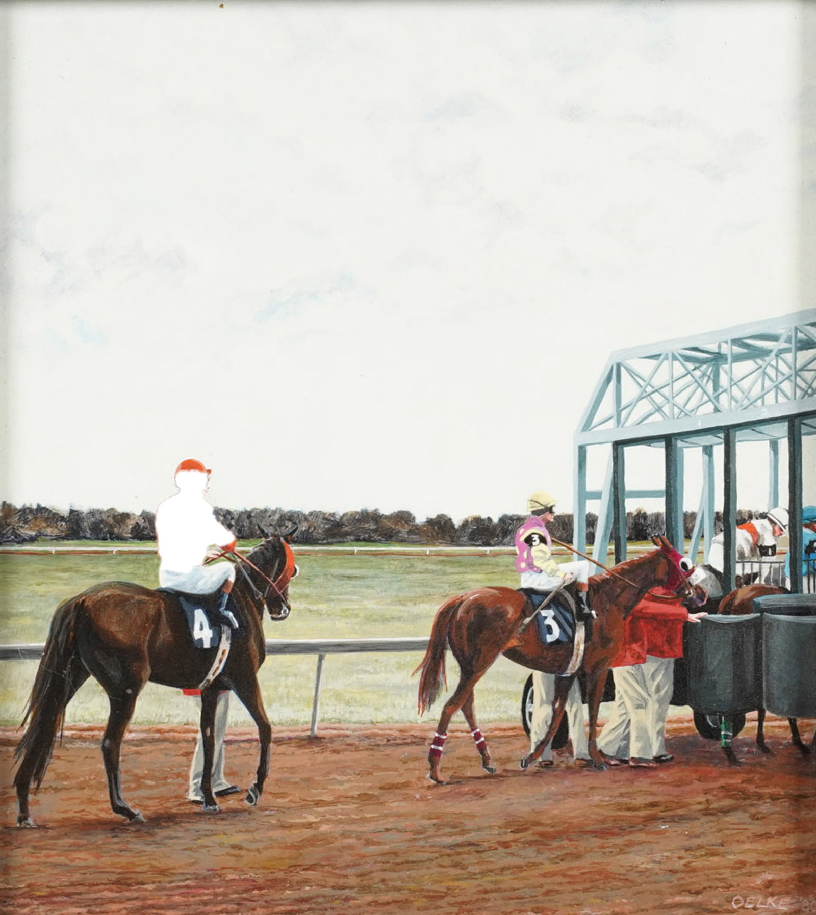 Barbara Oelke (20th Century), Horses At The Gate: oil on wood panel, signed and dated, sight size: 9 1/4 x 10 in.