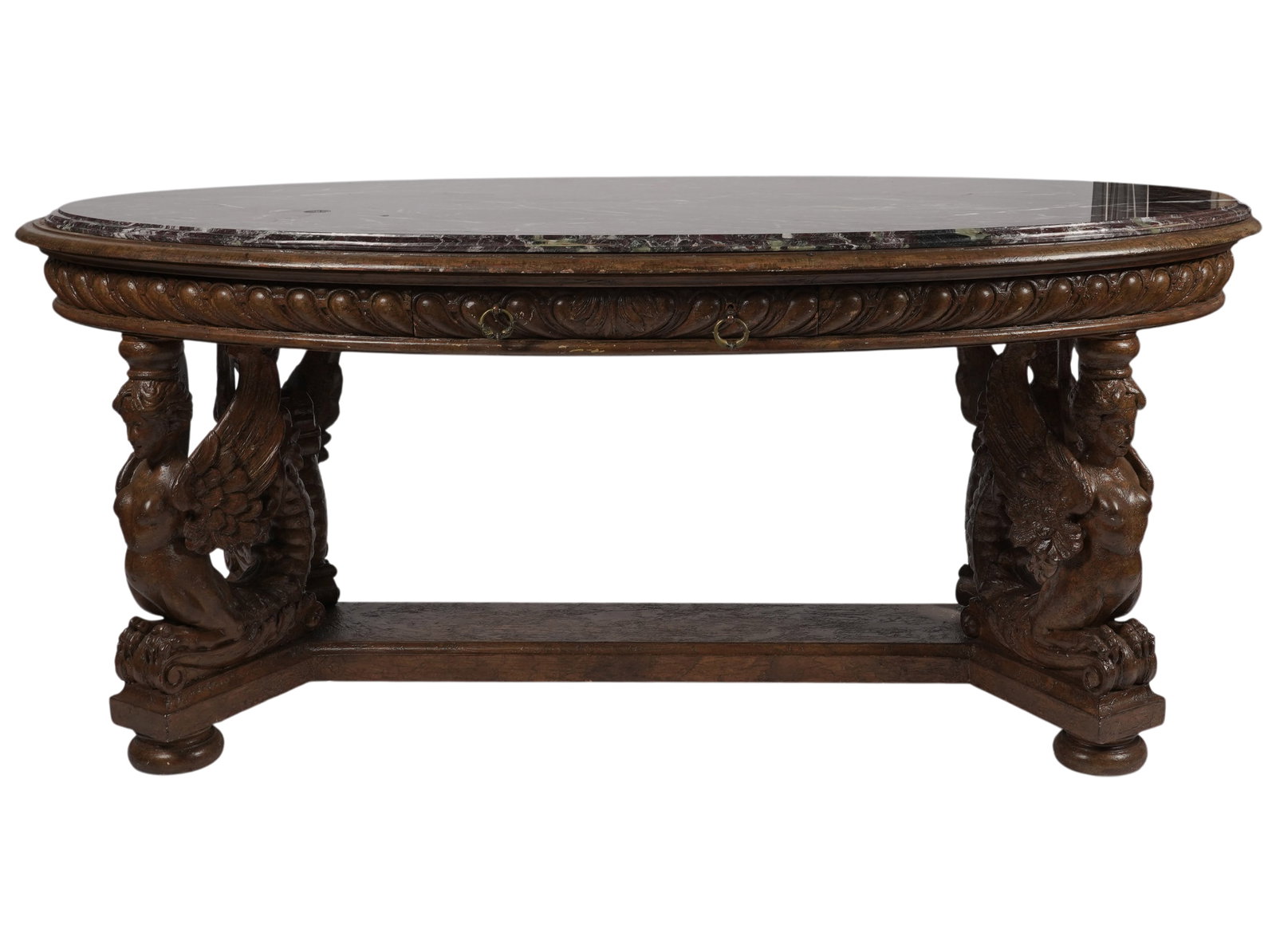 Carved Wood and Marble Top Occasional Table: Contemporary, with single drawer, 30 1/2 x 71 1/2 x 39 in.