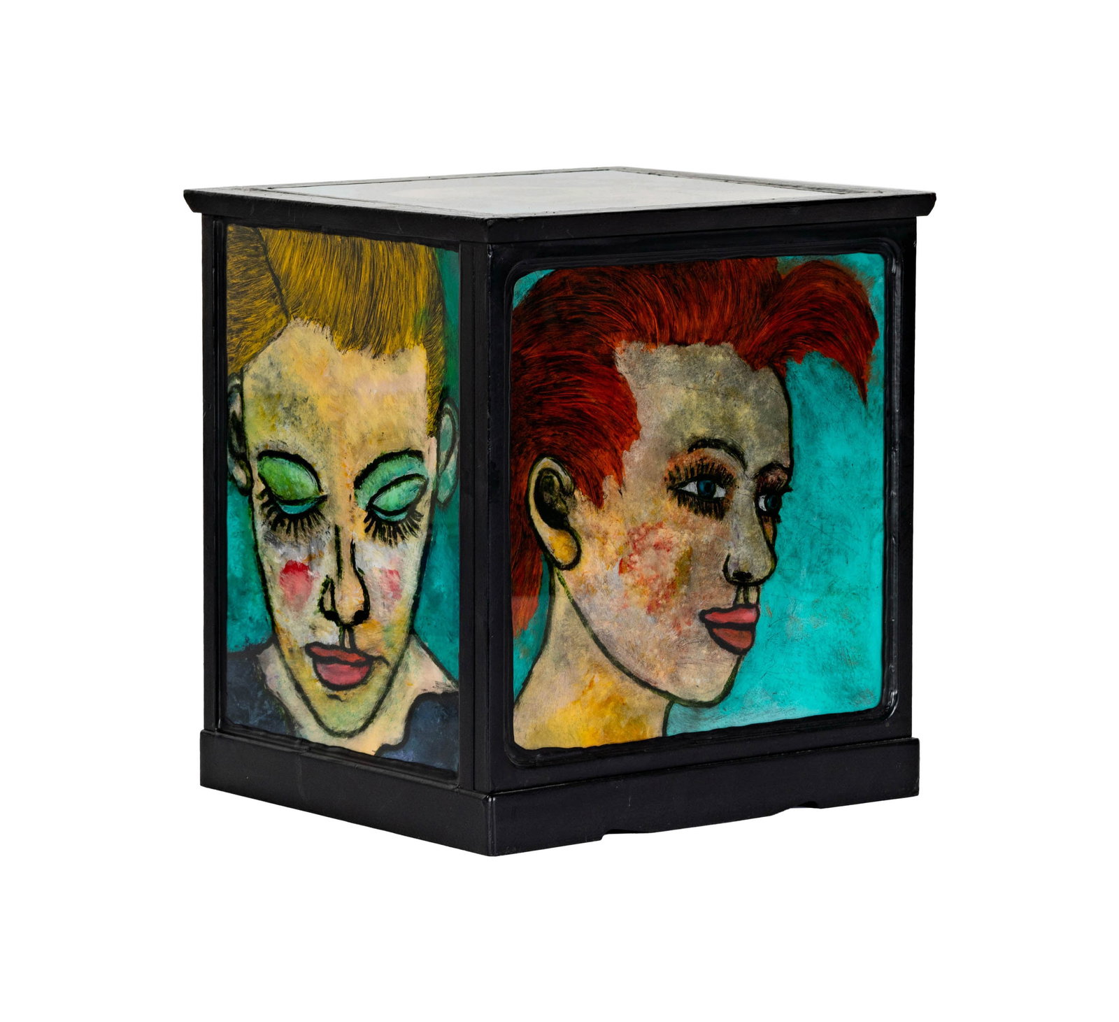 Gregory Grenon, American 1948-2022, Around and Around: oil on glass wood box with glass tile, 2009, signed, dated, and titled underside, 11 1/8 x 10 1/4 x 9 3/4 in. (28.3 x 26 x 24.8 cm.)