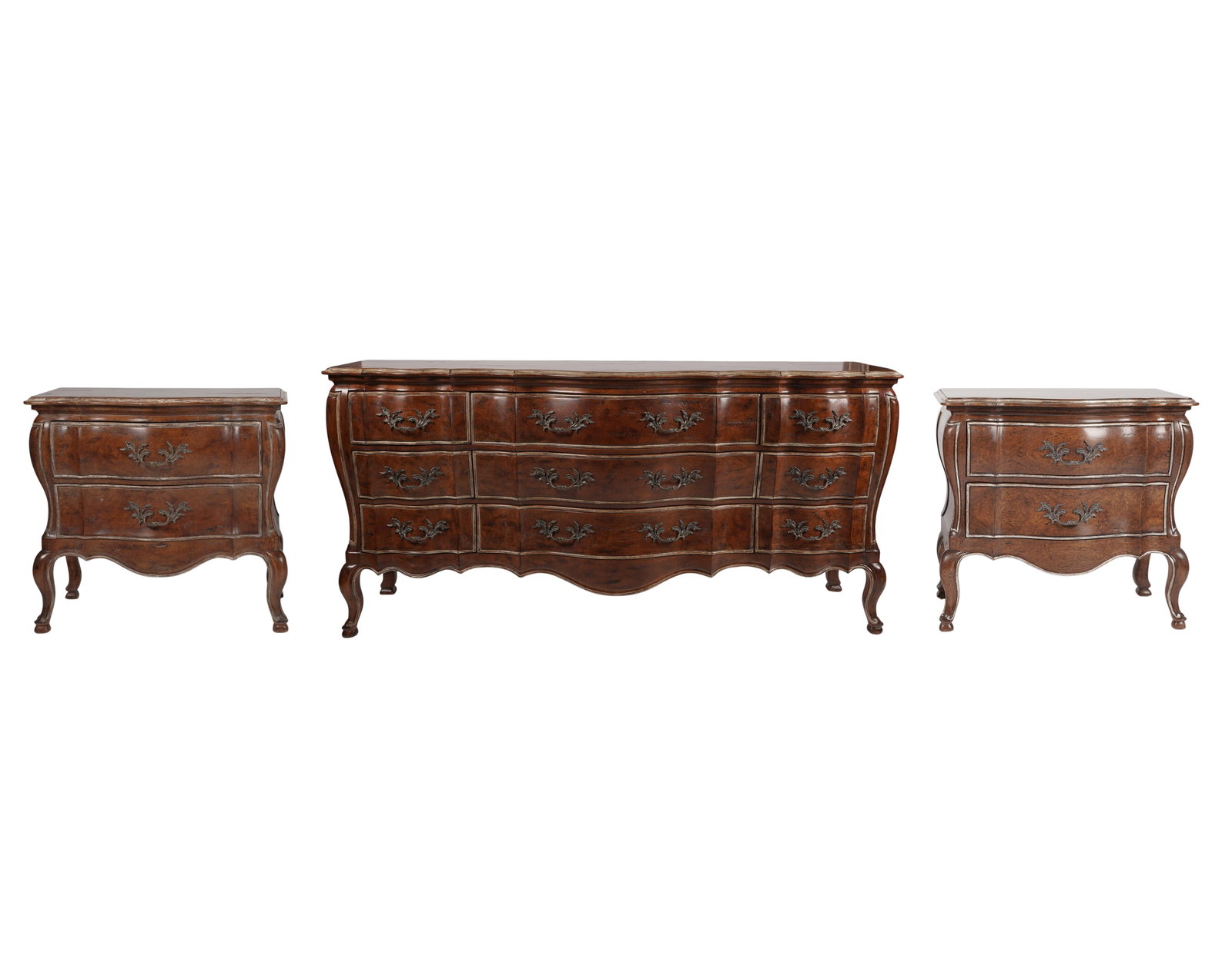 Italian Rococo Style Dresser and a Pair of Nightstands: Created by Judson Rothschild for the Rothschild Collection, "Anastasia", 2002, dresser: 35 1/2 x 72 x 18 in., nightstands: 28 x 30 x 17 in.