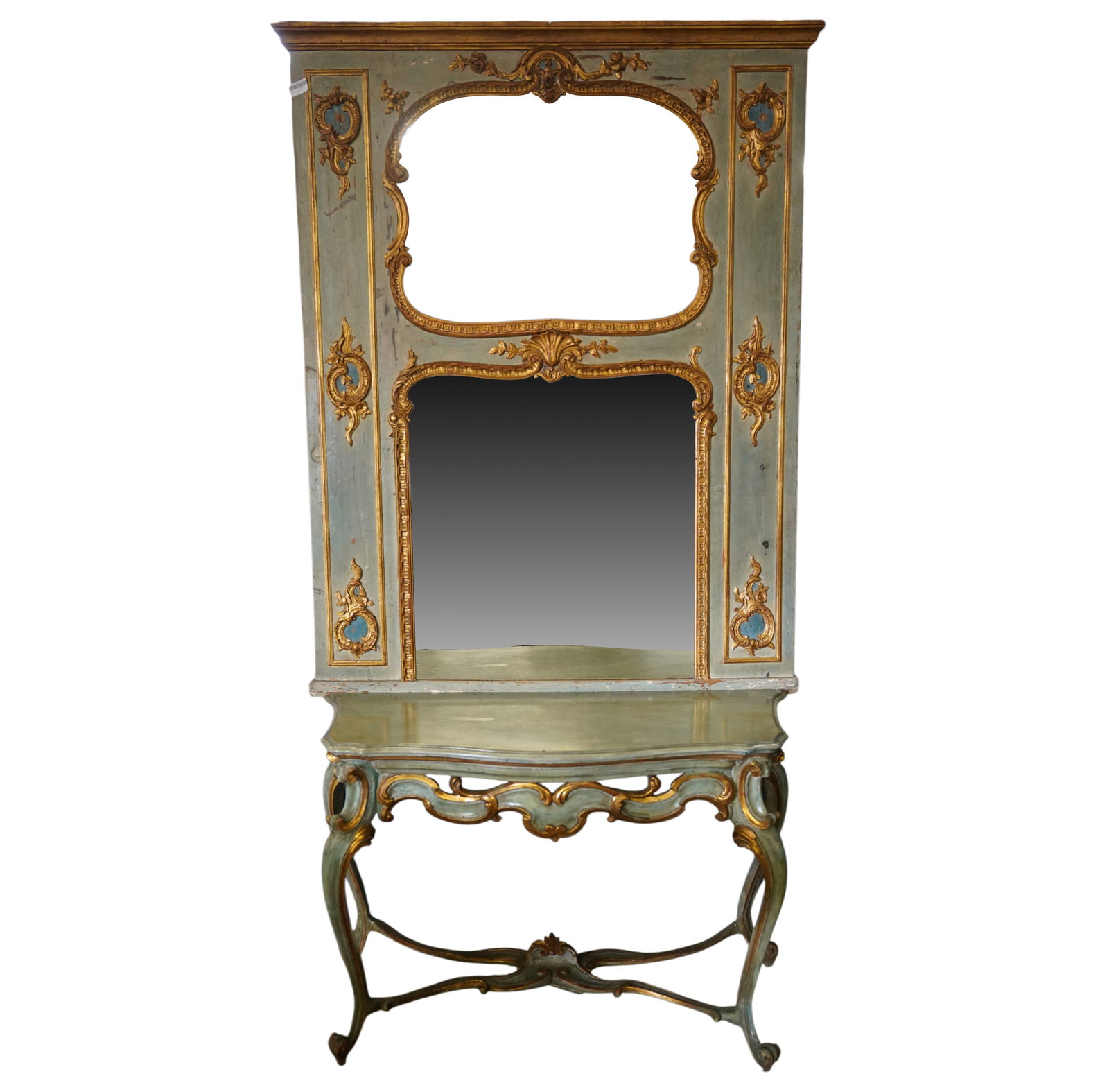 Italian Painted Console and Mirror: Green painted ground with gilt decoration, overall: 102 x 55 x 22 in.