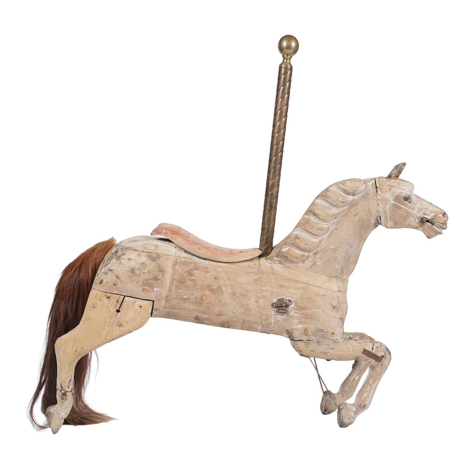 Carved Wood Carousel Horse: Distressed finish, 48 x 12 x 56 1/2 in.