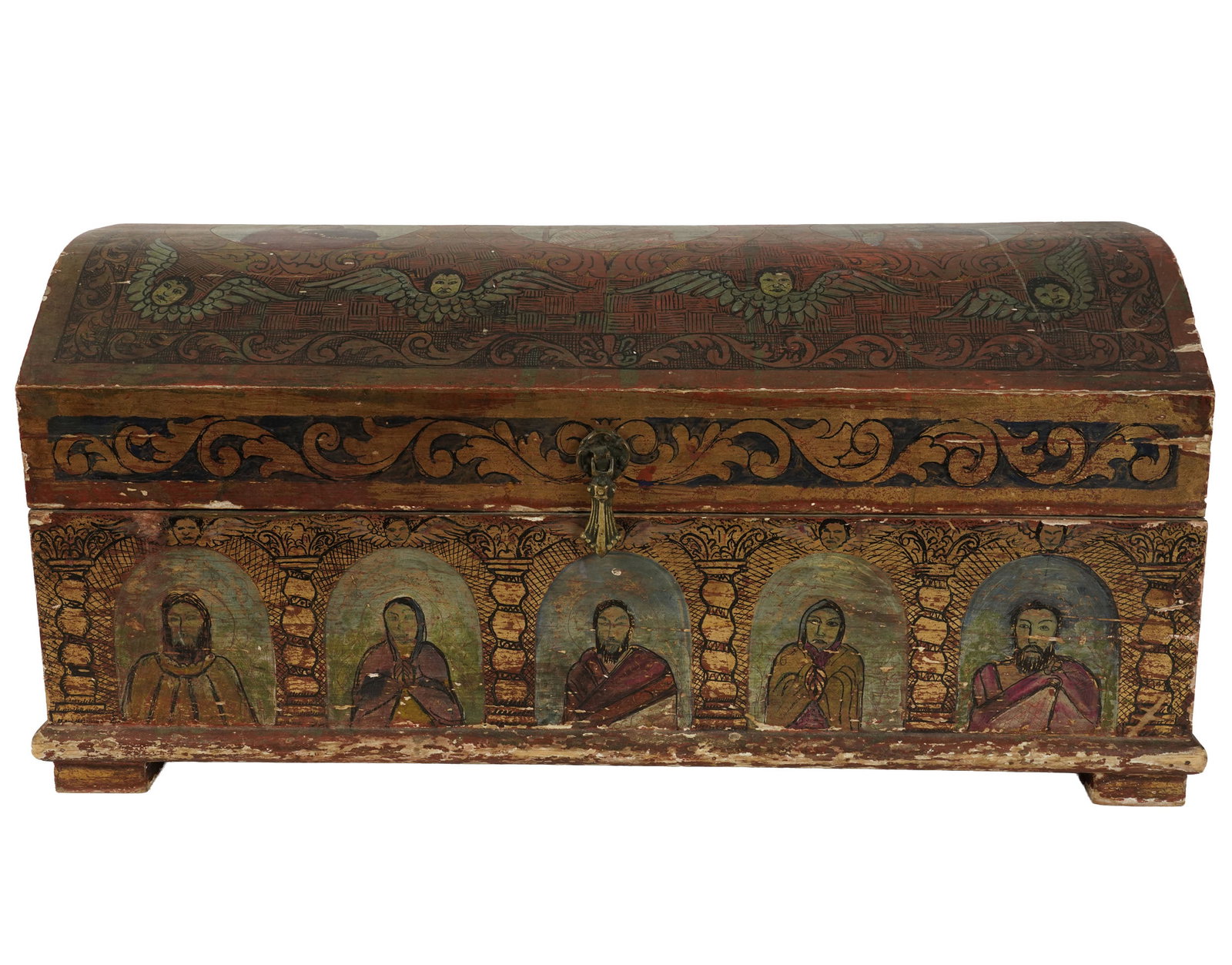 Spanish Colonial Painted Casket: Depicting winged cherub heads and religious figures, 11 1/2 x 12 x 24 1/2 in.