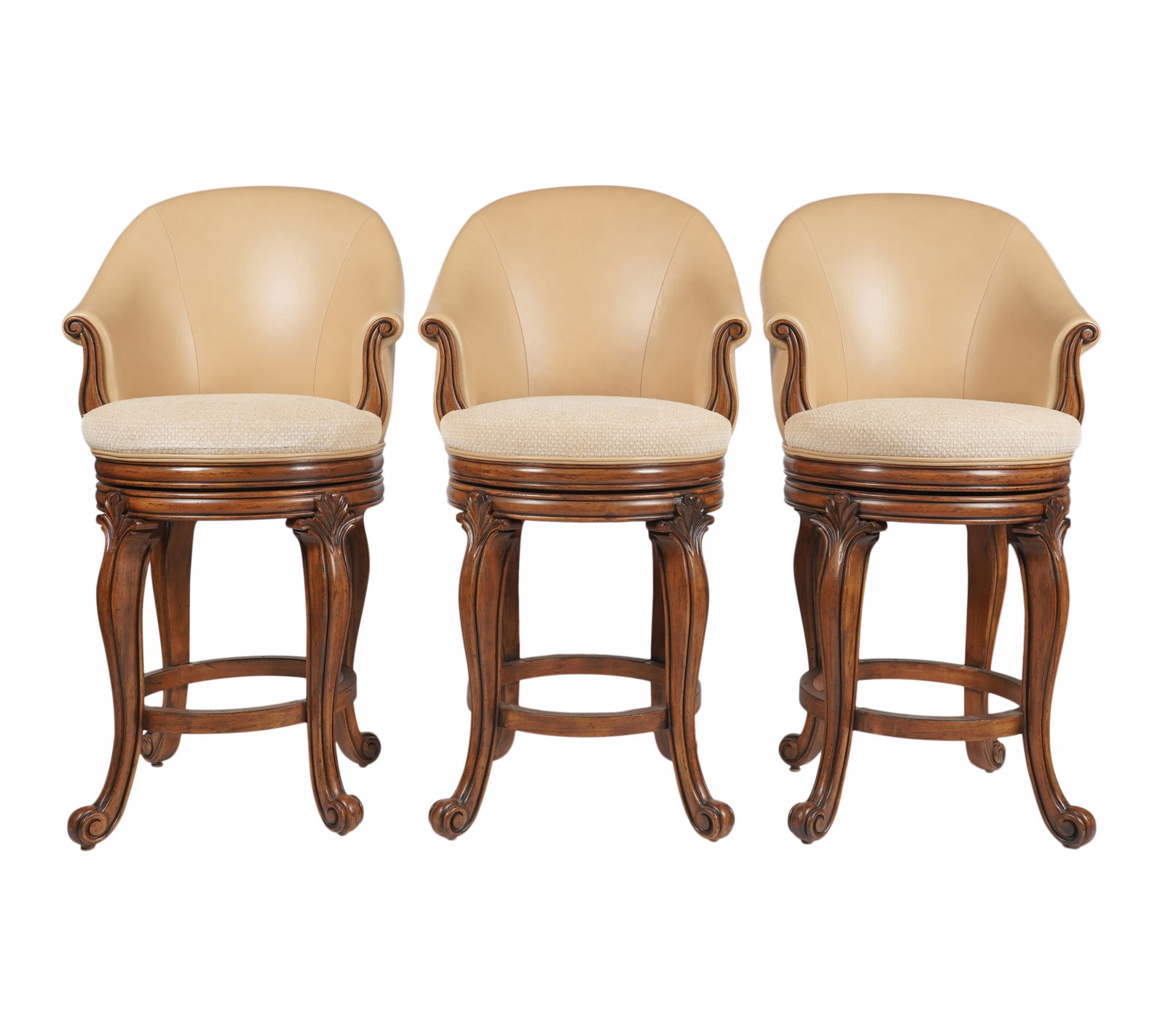 Three Contemporary Leather-Back and Upholstery Seat Barstools: swivels, 49 x 25 x 20 in., seat height: 30 in.