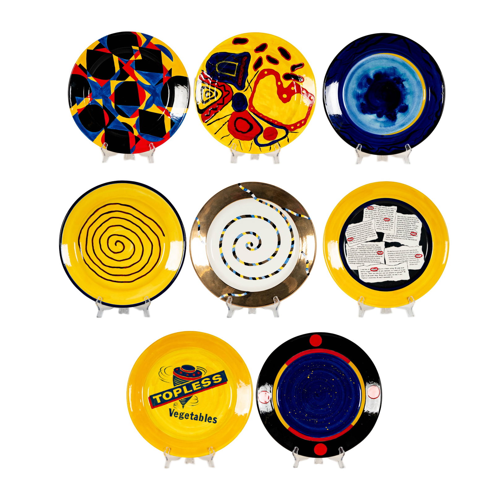 Eight Tom Holland for LACMA Plates: 1996, stamped signature underside, 13 1/2 in. dia.