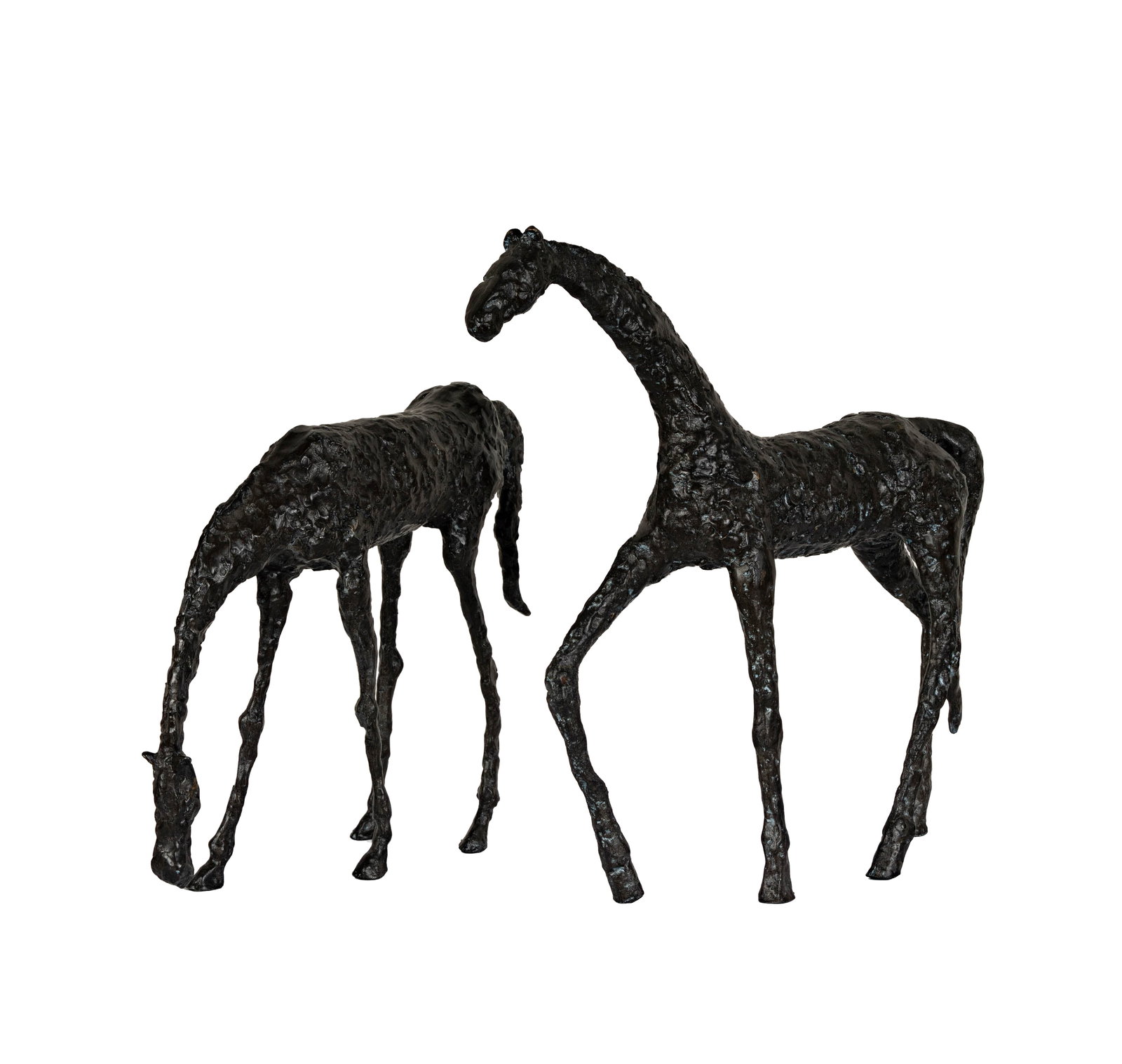 Two Brutalist Horse Sculptures: patinated metal, no visible signature, tallest: 21 x 22 in.