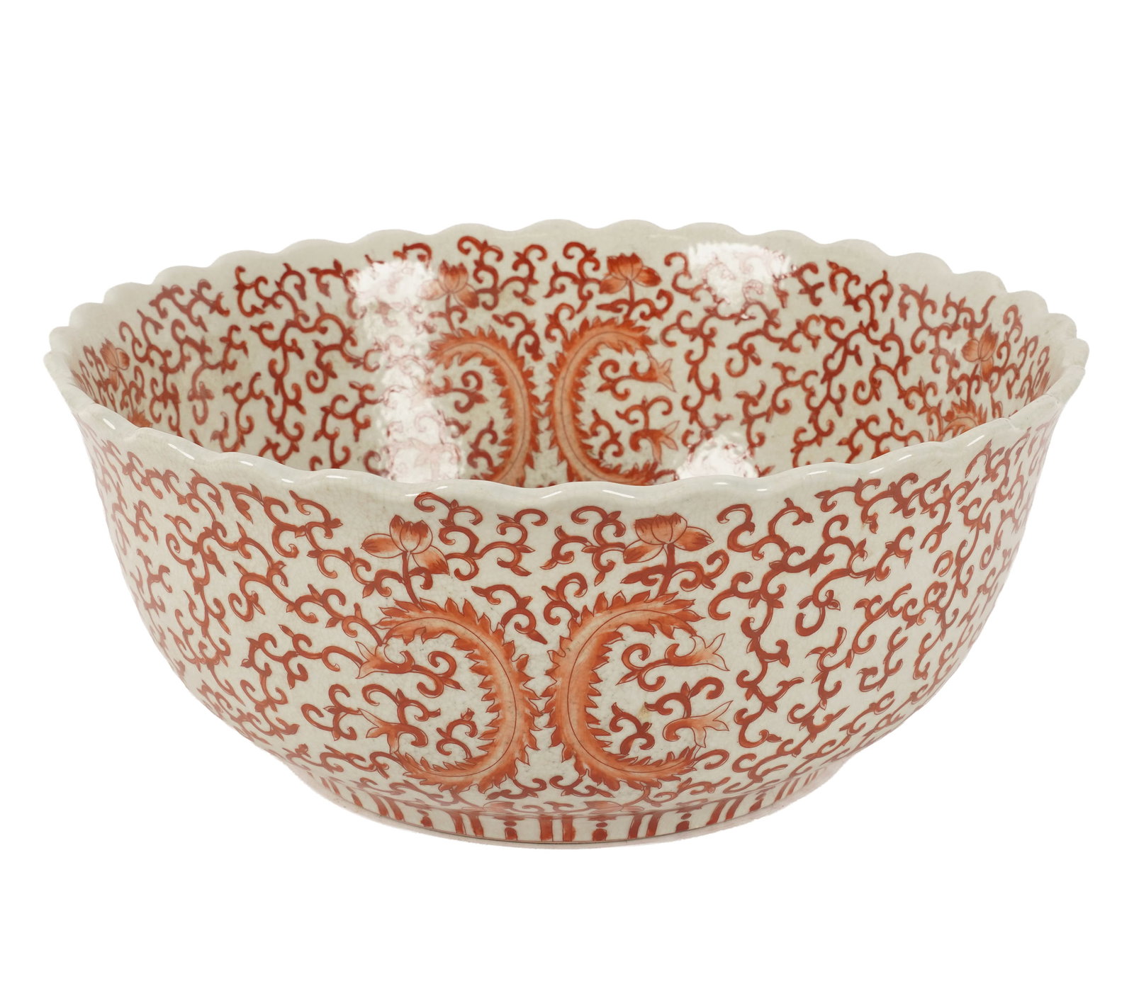 Large Chinese Style Porcelain Bowl: with red painted decorations, unmarked, 5 3/4 x 14 in.