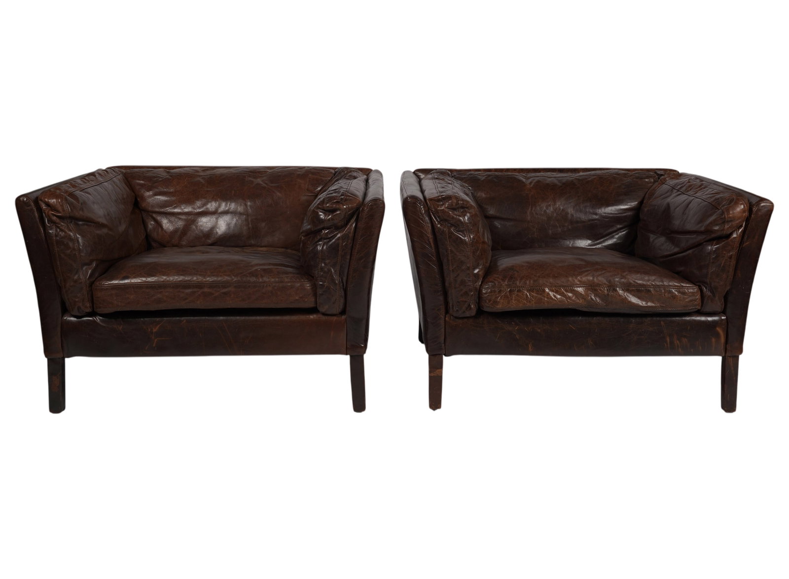 Pair of Restoration Hardware Leather Club Chairs: 25 x 40 x 31 in., seat height: 17 in.