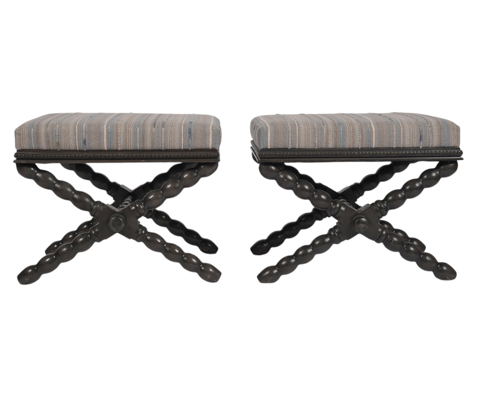 Pair of Ebonized and Upholstered X-Form Stools: 19 x 24 x 18 in.