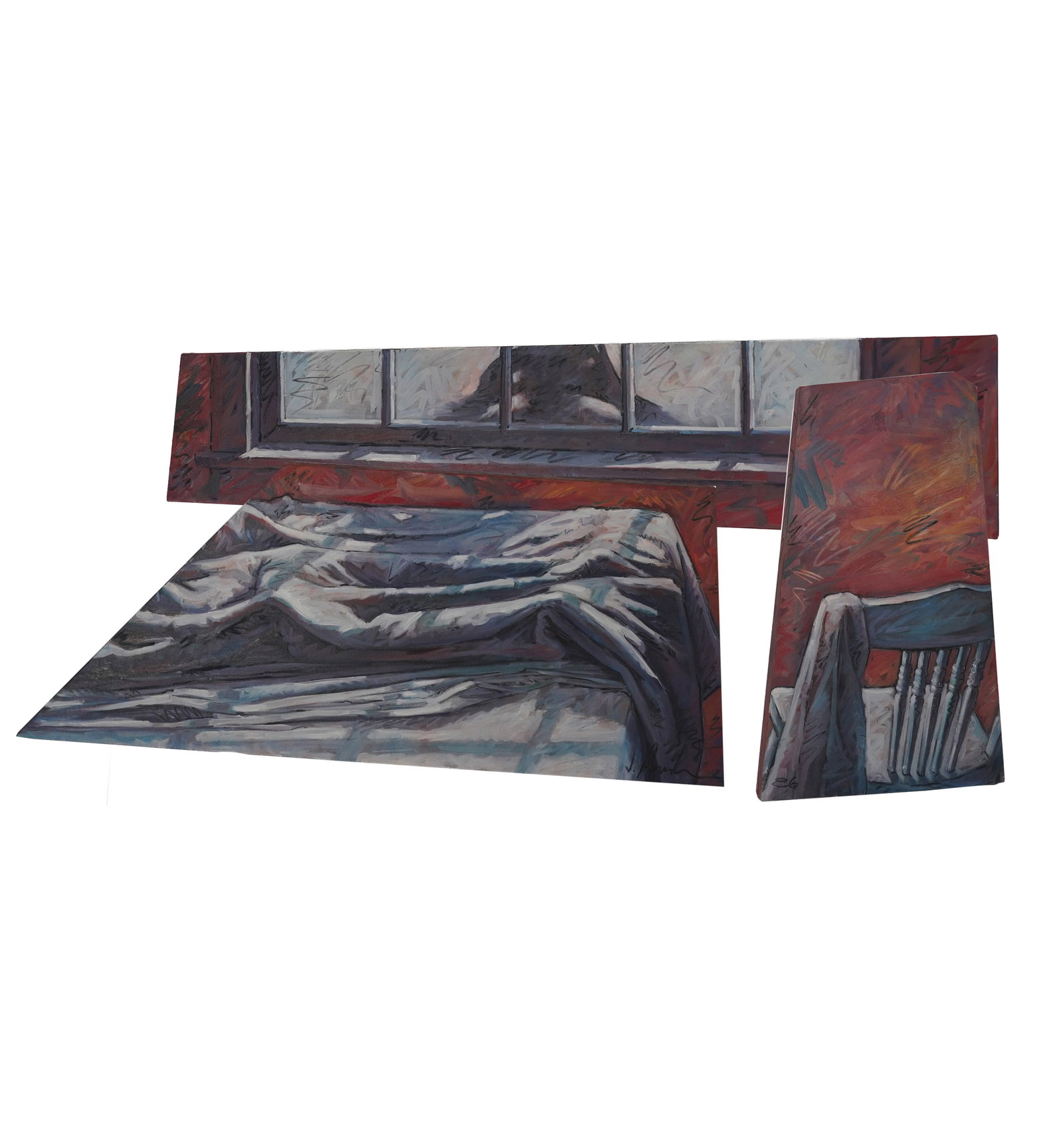 Joe Amrhein (20/21st century), Voyeur (Triptych): oil on canvas, signed lower right corner on chair, and dated 1986 lower left, 42 x 82 in.