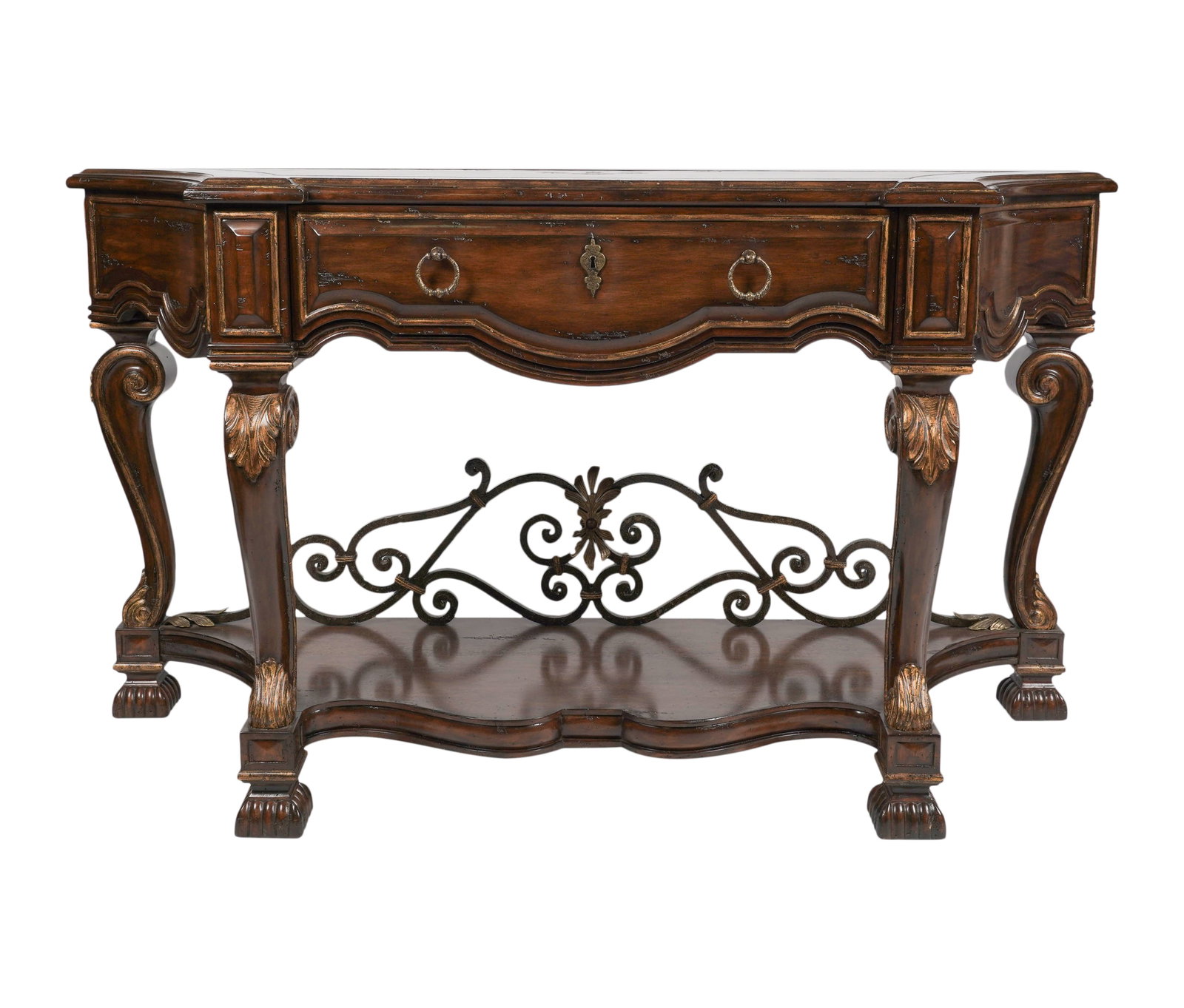 Marge Carson Single-Drawer Console Table: with a leather tooled top and a metal label on the interior of the drawer, 40 x 71 x 24 in.