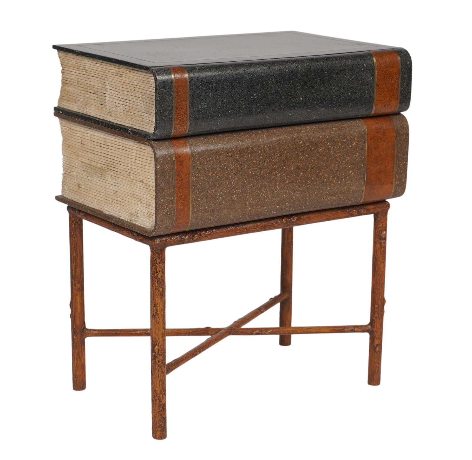 Wood and Stone Veneer Book-Form Table: with stand: 22 x 12 x 18 in.