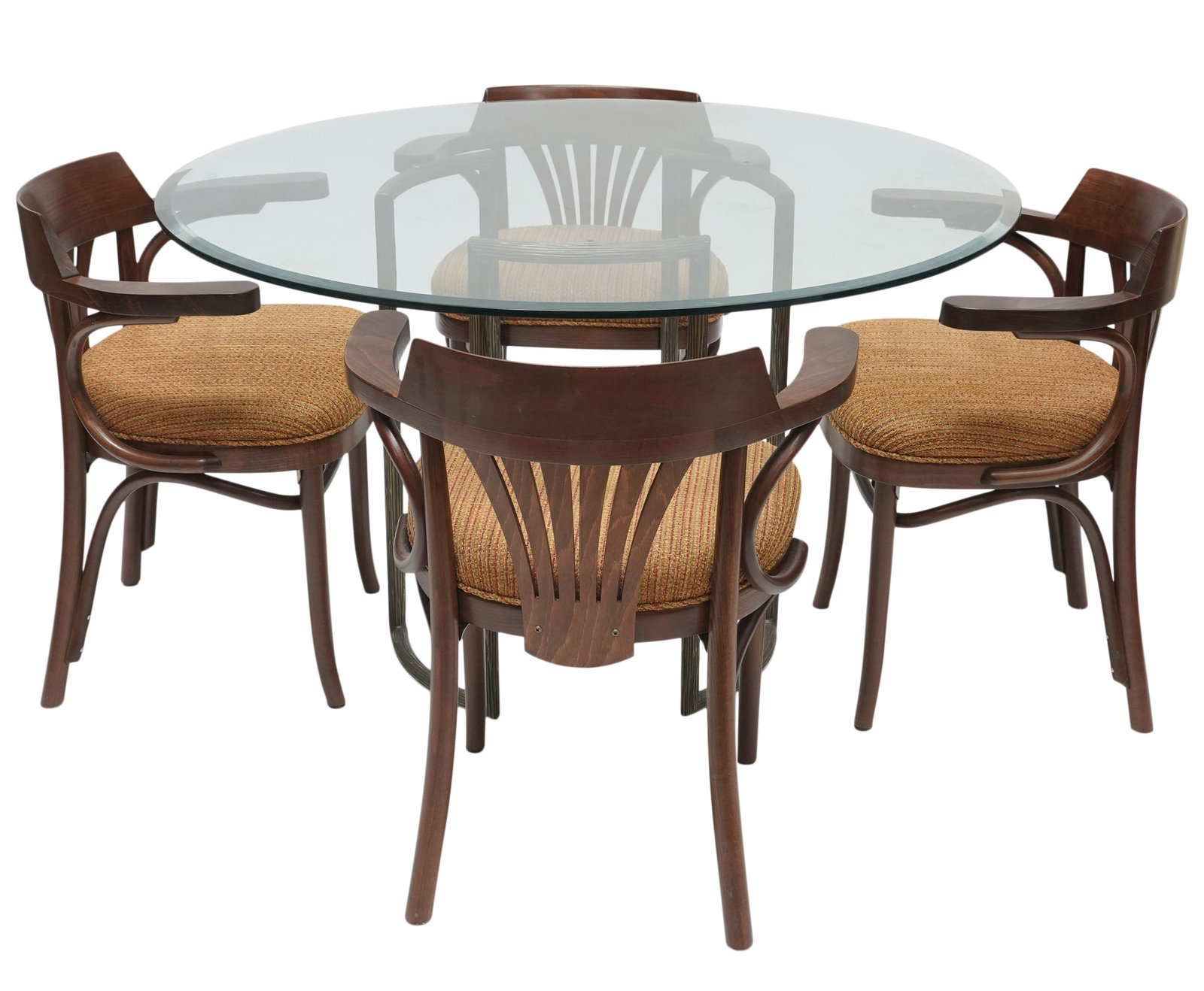 A Round Table with Four Bentwood Armchairs: table: 28 3/4 x 48 in., arm chair: 29 x 24 in., seat height: 19 in.