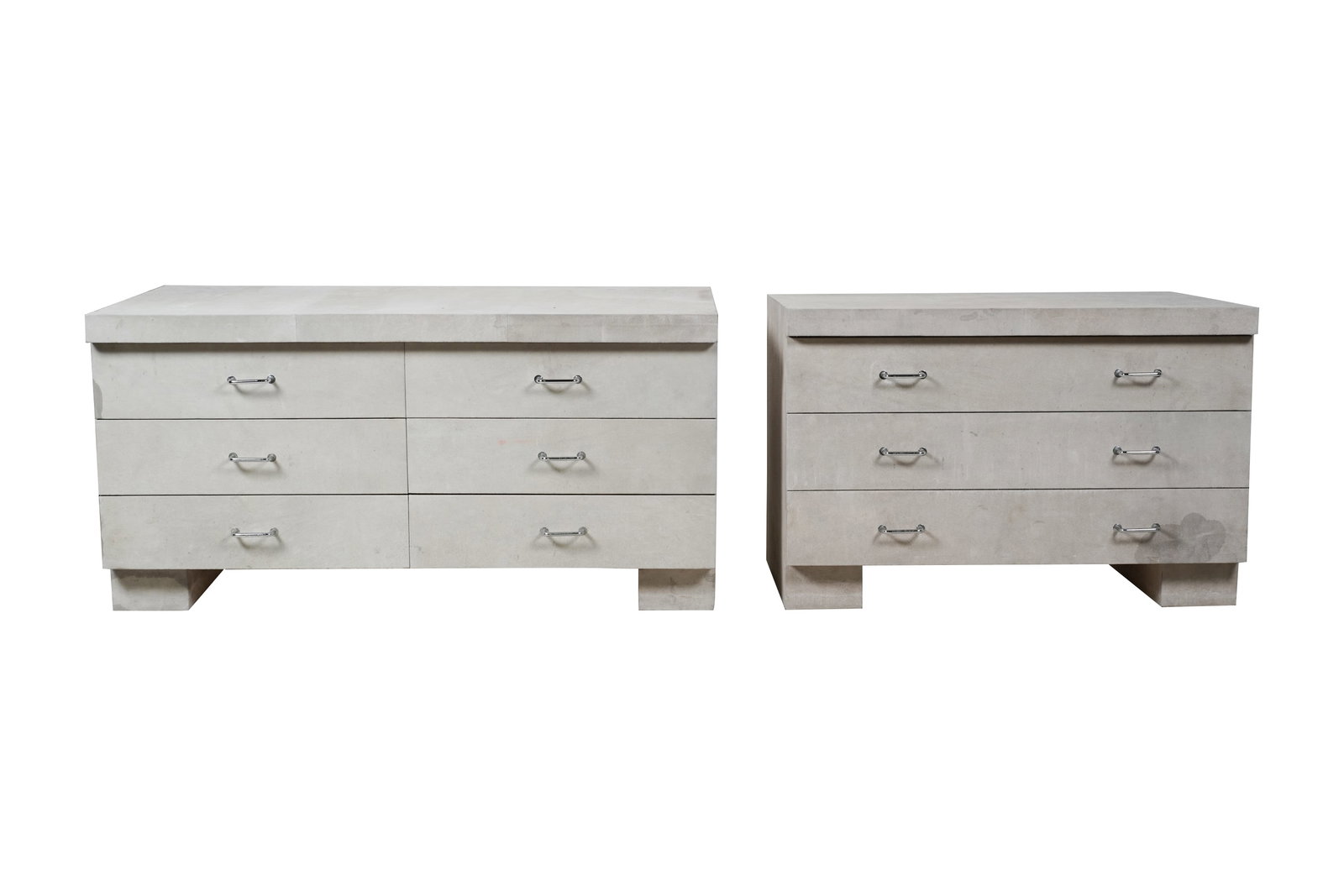 Pair of Contemporary Suede-Clad Nightstands: one with six drawers (25 x 48 x 24 in.), the other with three drawers (25 x 36 x 24 in.); each unsigned