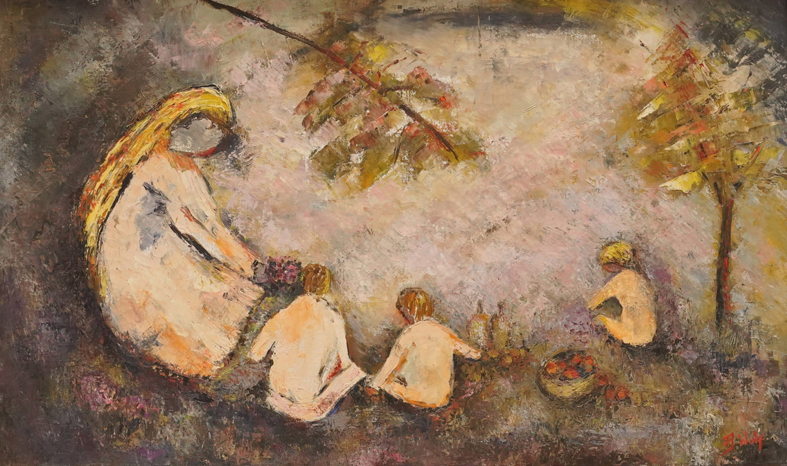 20th Century: Mother and Children Painting: oil on canvas, signed B. Wolf, canvas: 20 x 30 3/4 in., frame: 29 1/2 x 43 1/4 in.