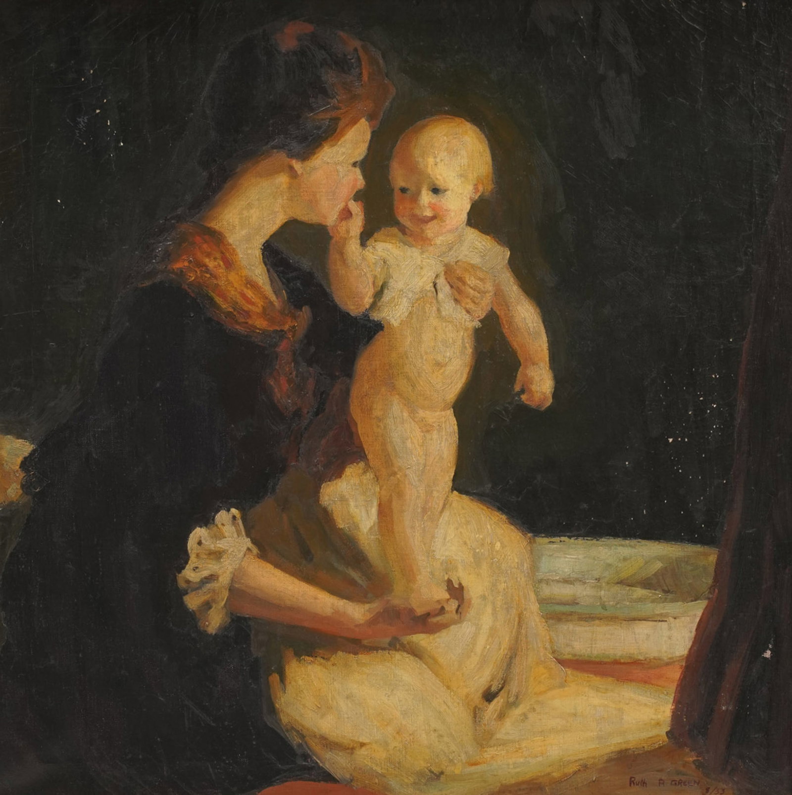 Early 20th Century: Mother and Child Painting: 1933, oil on canvas, signed Ruth R. Green and dated lower right, sight: 25 x 24 3/4 in., frame: 30 x 29 3/4 in.