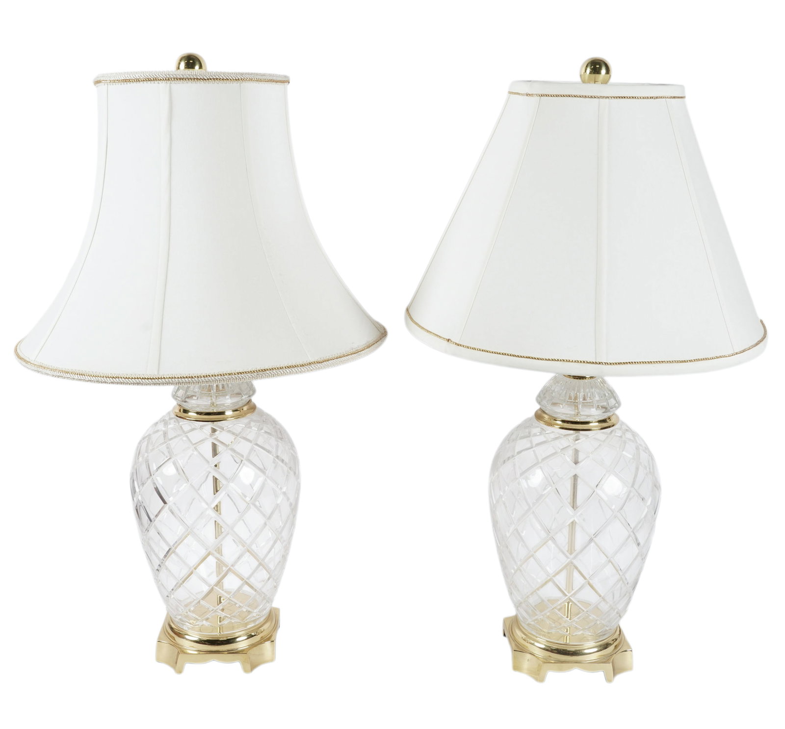 Pair of Brass and Glass Table Lamps: overall: 32 1/4 x 18 x 18 in.