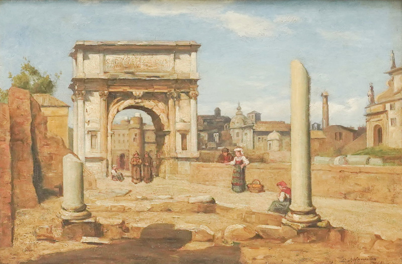 Orientalist Scene with Ruins: oil on canvas, signed, canvas: 16 x 24 in., frame:25 x 33 in.