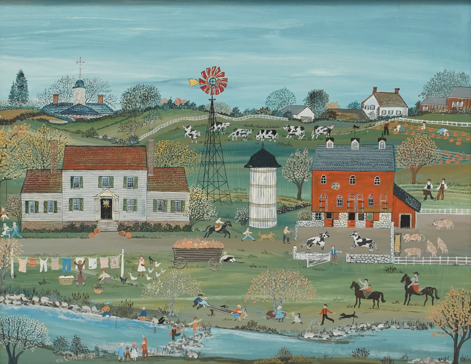 Rita Schroeder (20th Century), Folk Art Farm Town River Scene (1 of 10)