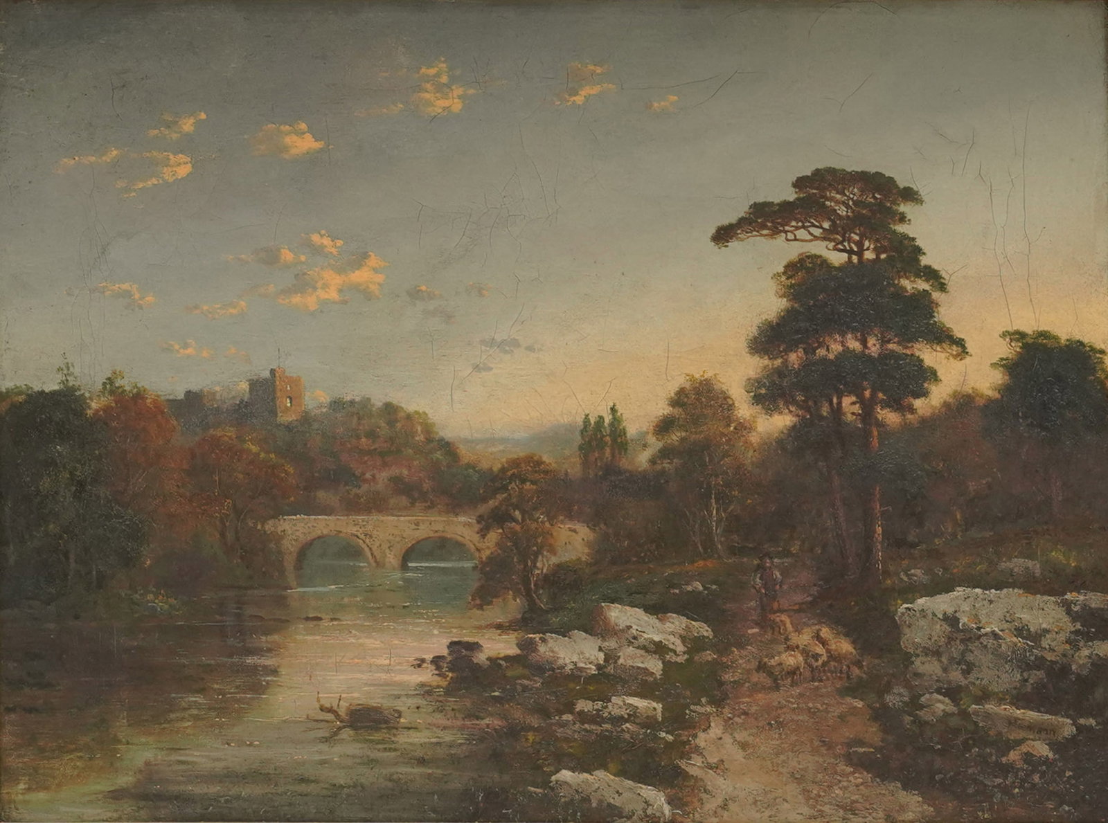 Edmund John Niemann (British, 1843-1910), Landscape with Bridge: oil on canvas, signed lower right, 18 1/2 x 24 in, frame: 29 x 35 1/2 in.