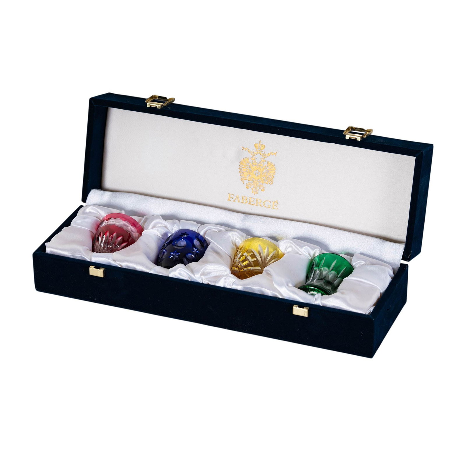 Set of Four Faberge Liquor Glasses: with original box, each glass: 2 1/2 x 2 in.