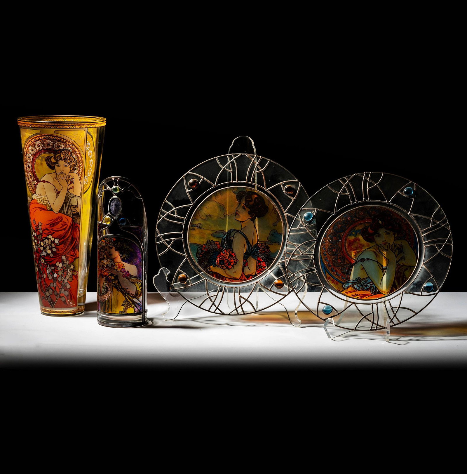 Four Alphonse Mucha-Style Art Glass PIeces: tallest: 15 3/4 in.