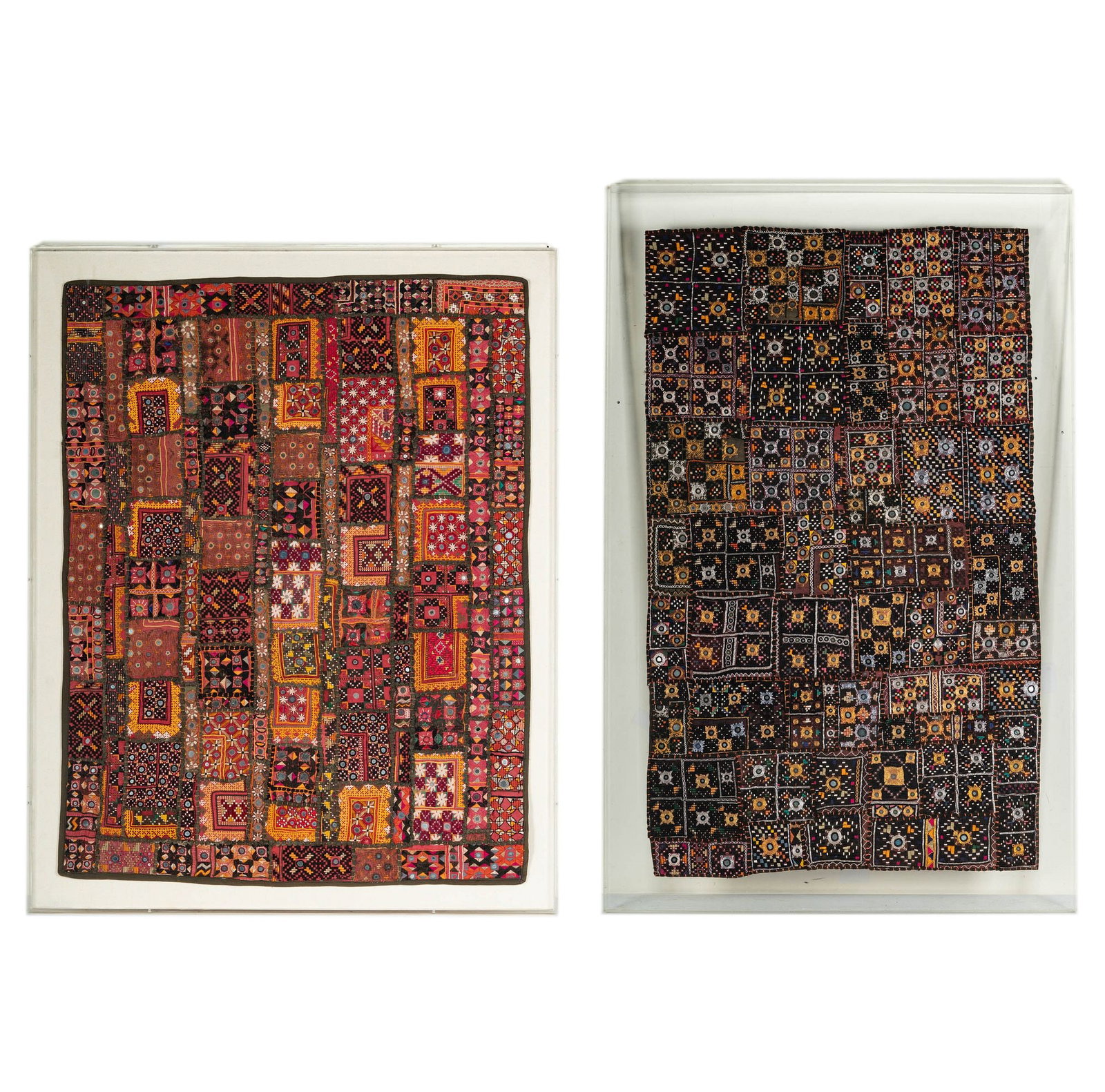 Two Assorted Modern Tapestry Wall Hangings: each framed in acrylic,