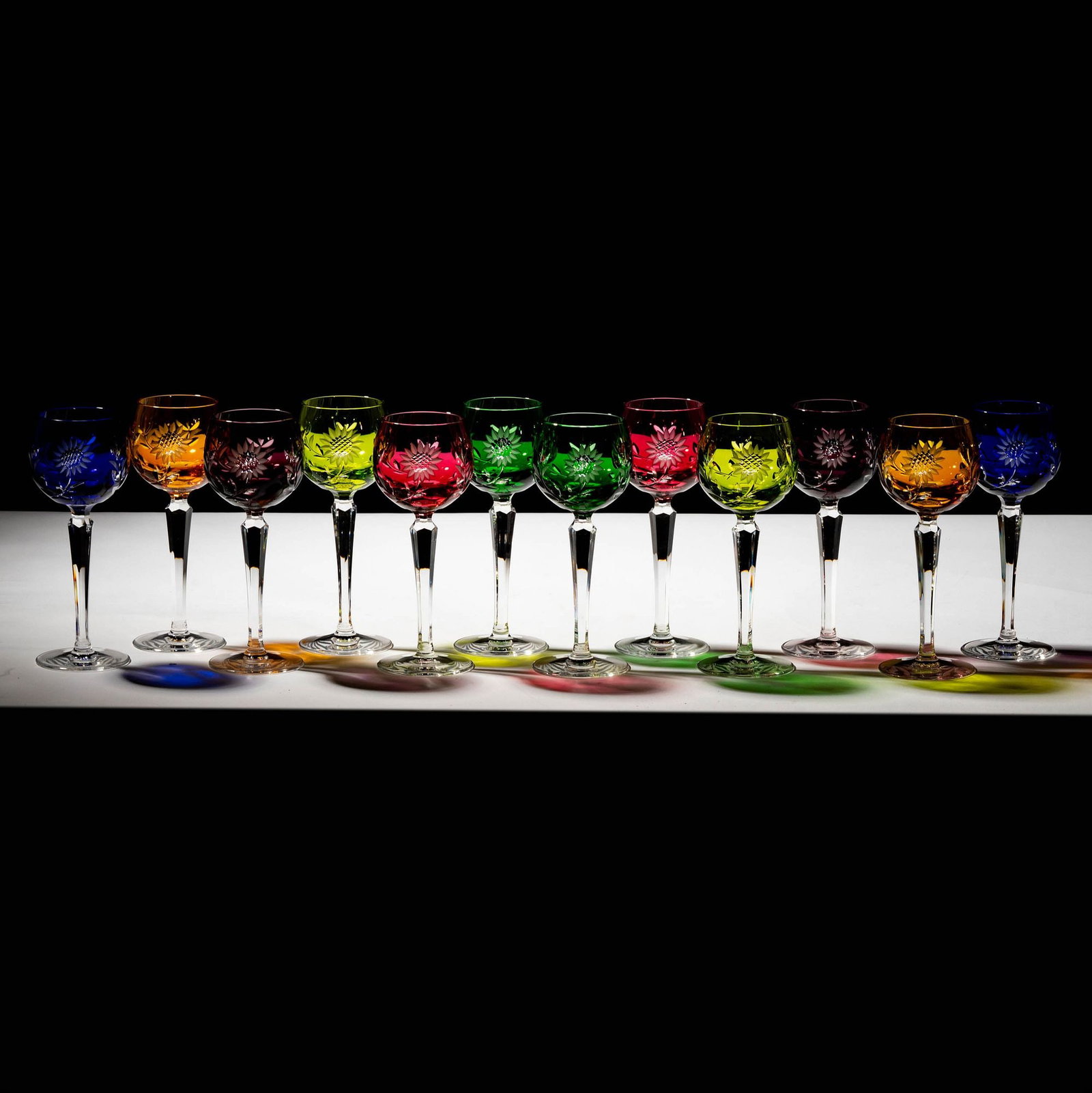 Set of Twelve Etched Colored Crystal Goblets (1 of 11)