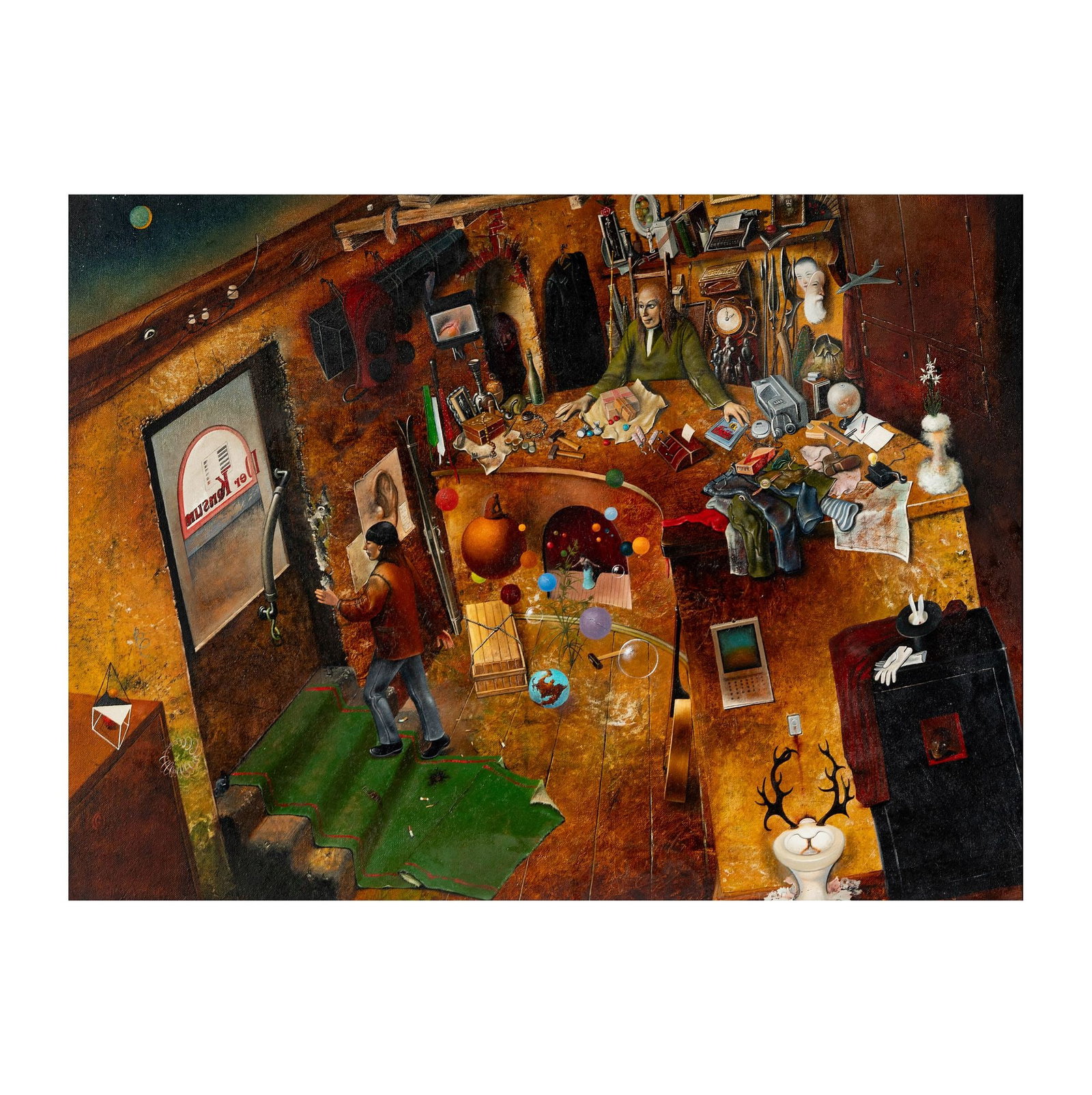 Russian School, Surrealist Interior Scene: oil on canvas, 2004, signed and dated, canvas: 23 1/2 x 32 in., frame: 28 1/2 x 36 1/2 in.