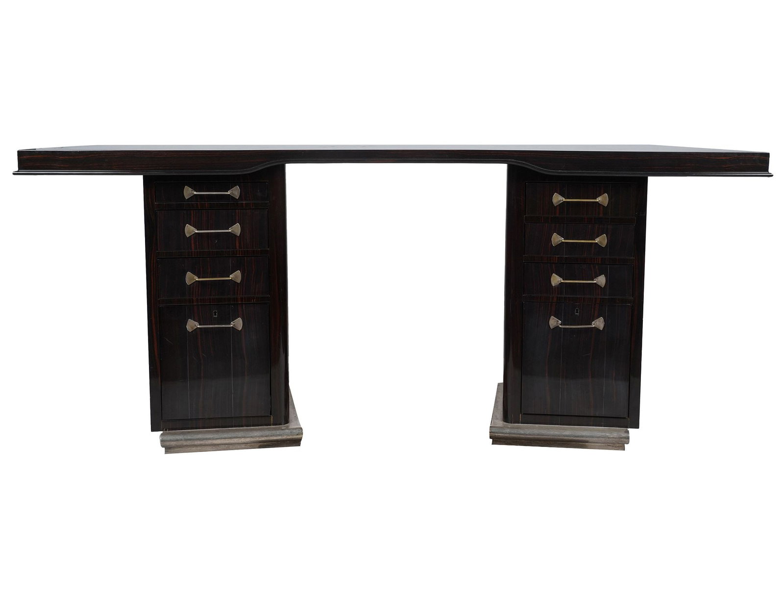 Art Deco Pedestal Desk: with metal drawer handles and base, 30 x 71 x 27 1/2 in.