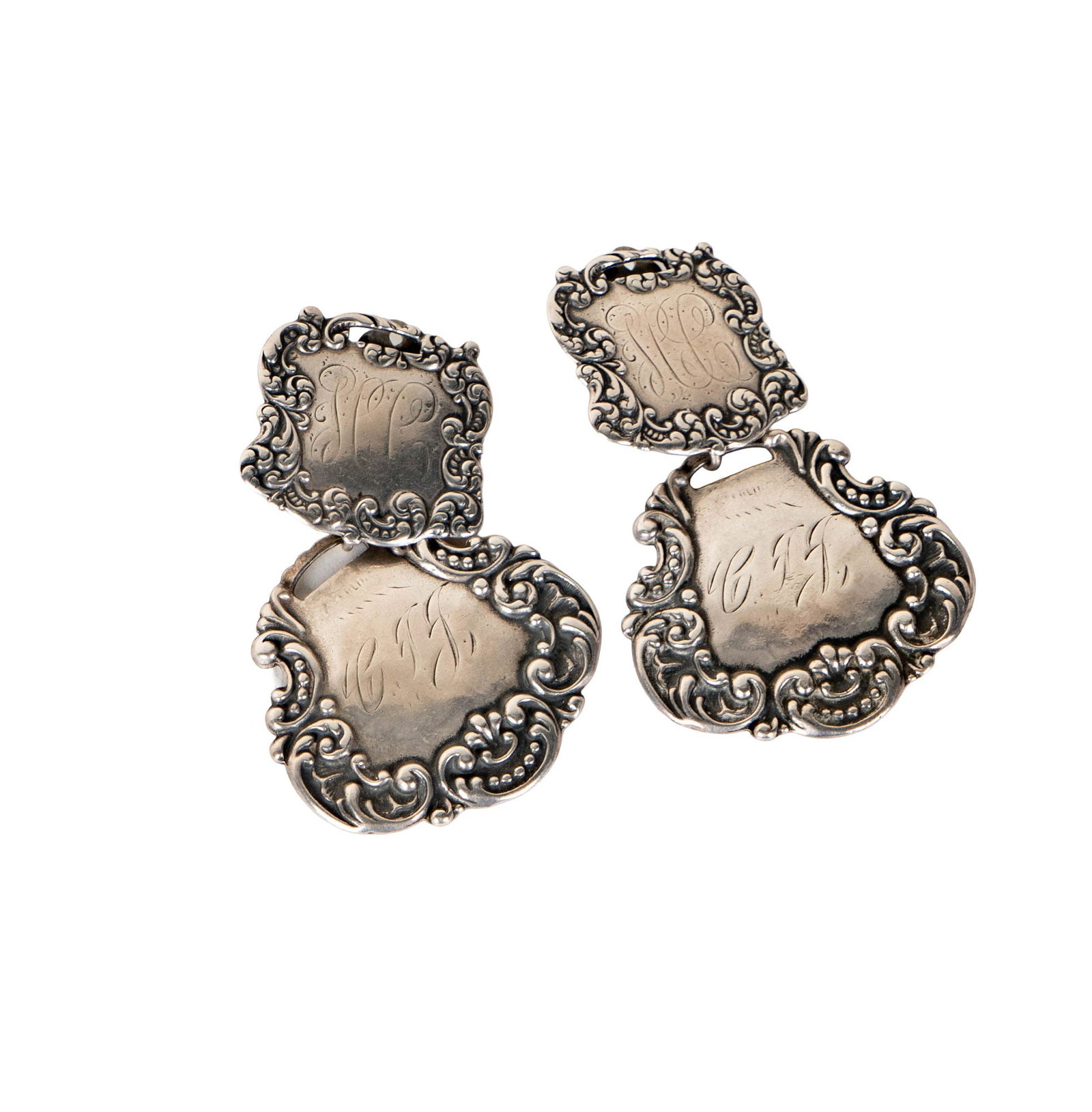 T.Foree, Pair of Monogrammed Sterling Earrings: Including one pair of vintage T.Foree monogram earrings, measuring 2-3/4 inches tall by 1-3/4 inches wide, weighing 42.9 grams;