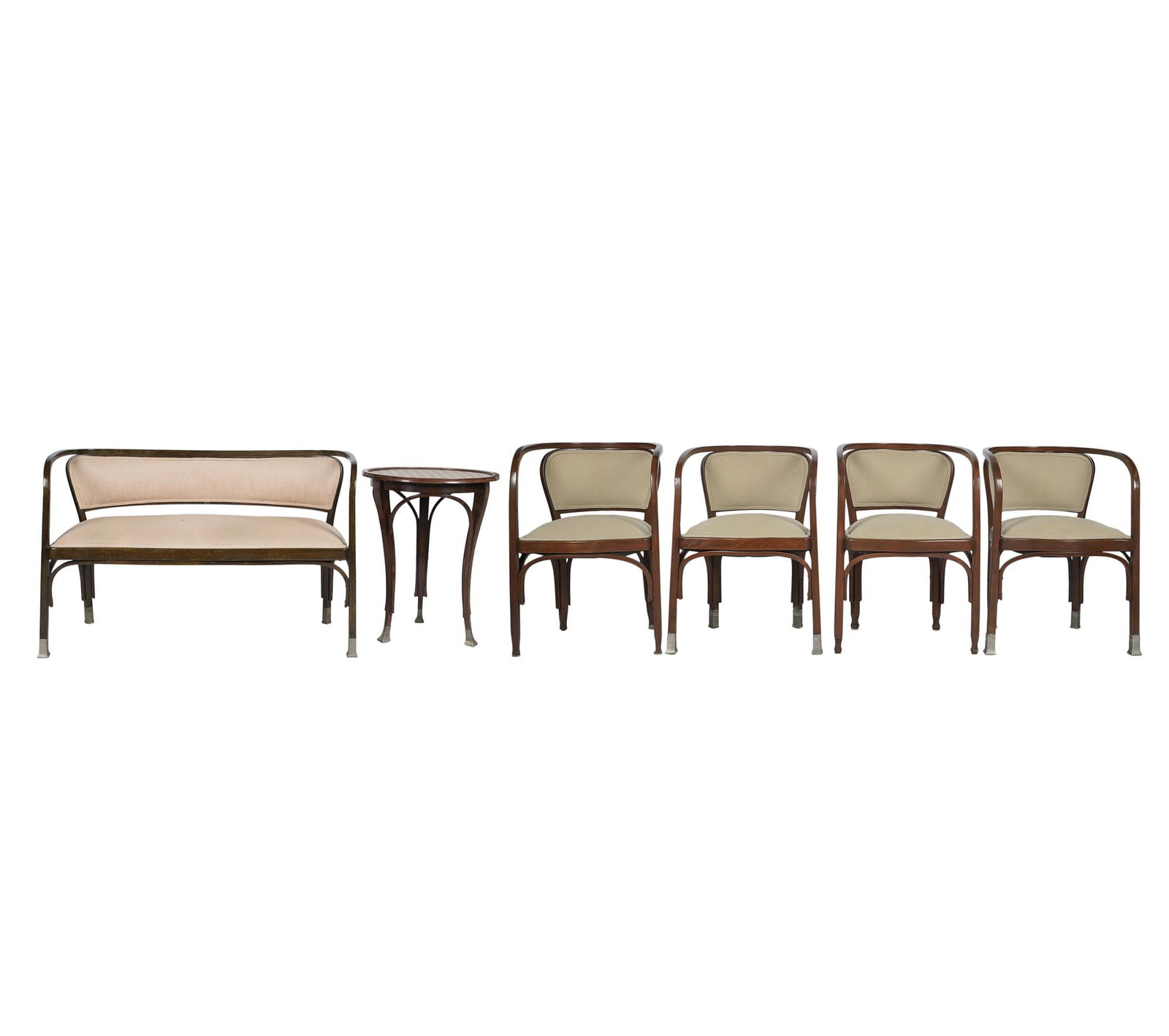 Gustav Siegel Bentwood Salon Suite: 1990s, model no. 715, comprising a settee (29 1/4 x 47 1/4 x 22 in., seat height: 17 in.), a three-legged stand, and four armchairs ( 29 1/2 x 20 1/2 x 19 1/2 in., seat height: 18 1/2 in.)