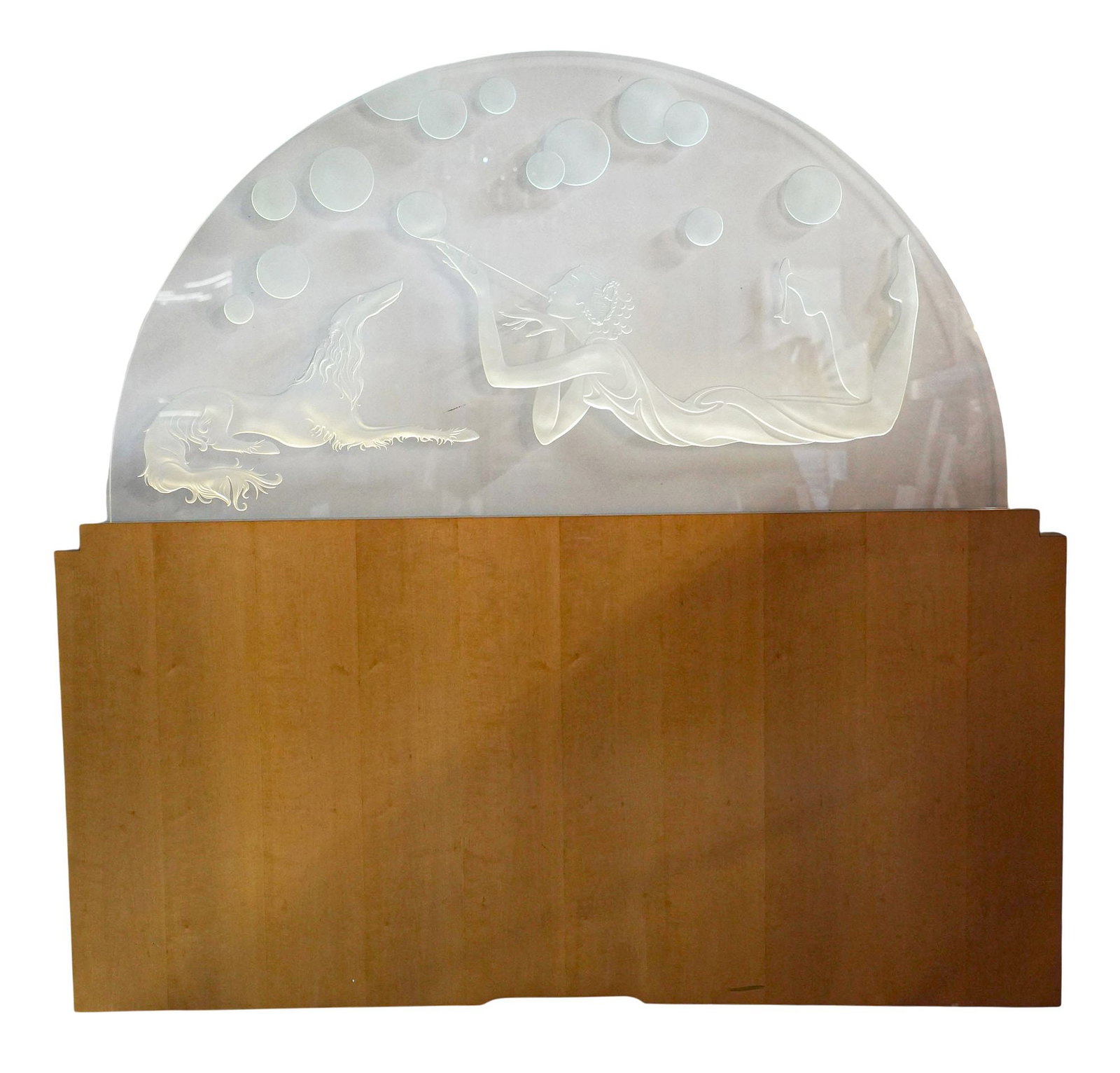 Deco-Style Etched Glass and Wood Headboard: 2003, signed and dated to rim, with electrification, 70 1/2 x 74 x 3 in.