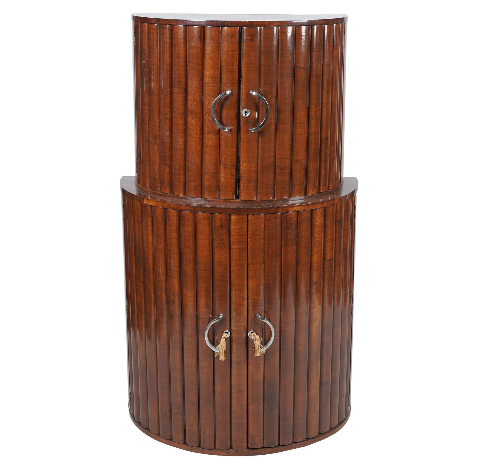 Art Deco Bar Cabinet: Early 20th century, with a mirrored interior and two keys, 57 1/4 x 32 x 17 in.