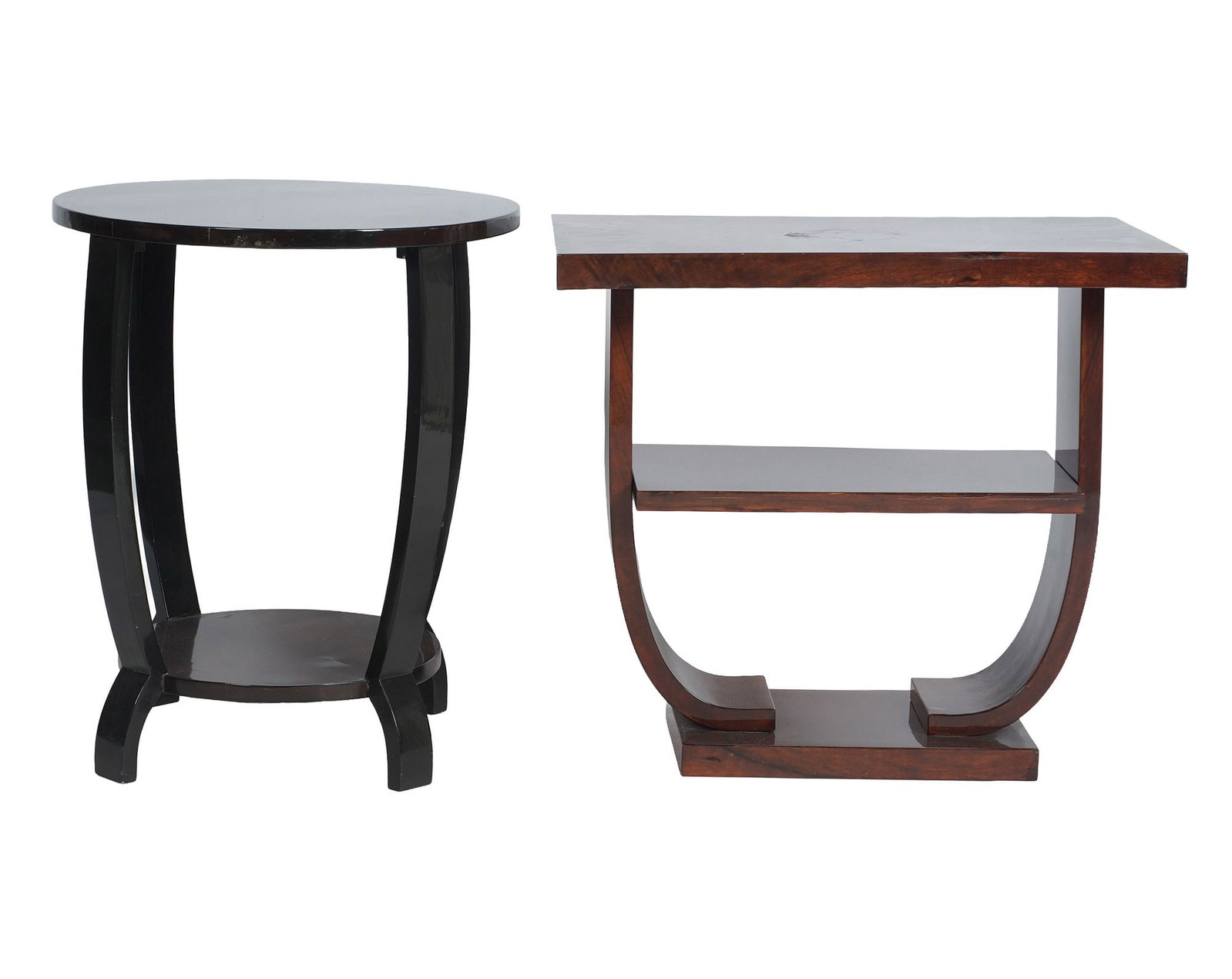 Two Assorted Art Deco Side Tables: round table: 23 3/4 x 19 3/4 in., rectangular table: 22 3/4 x 25 3/4 x 15 1/2 in.