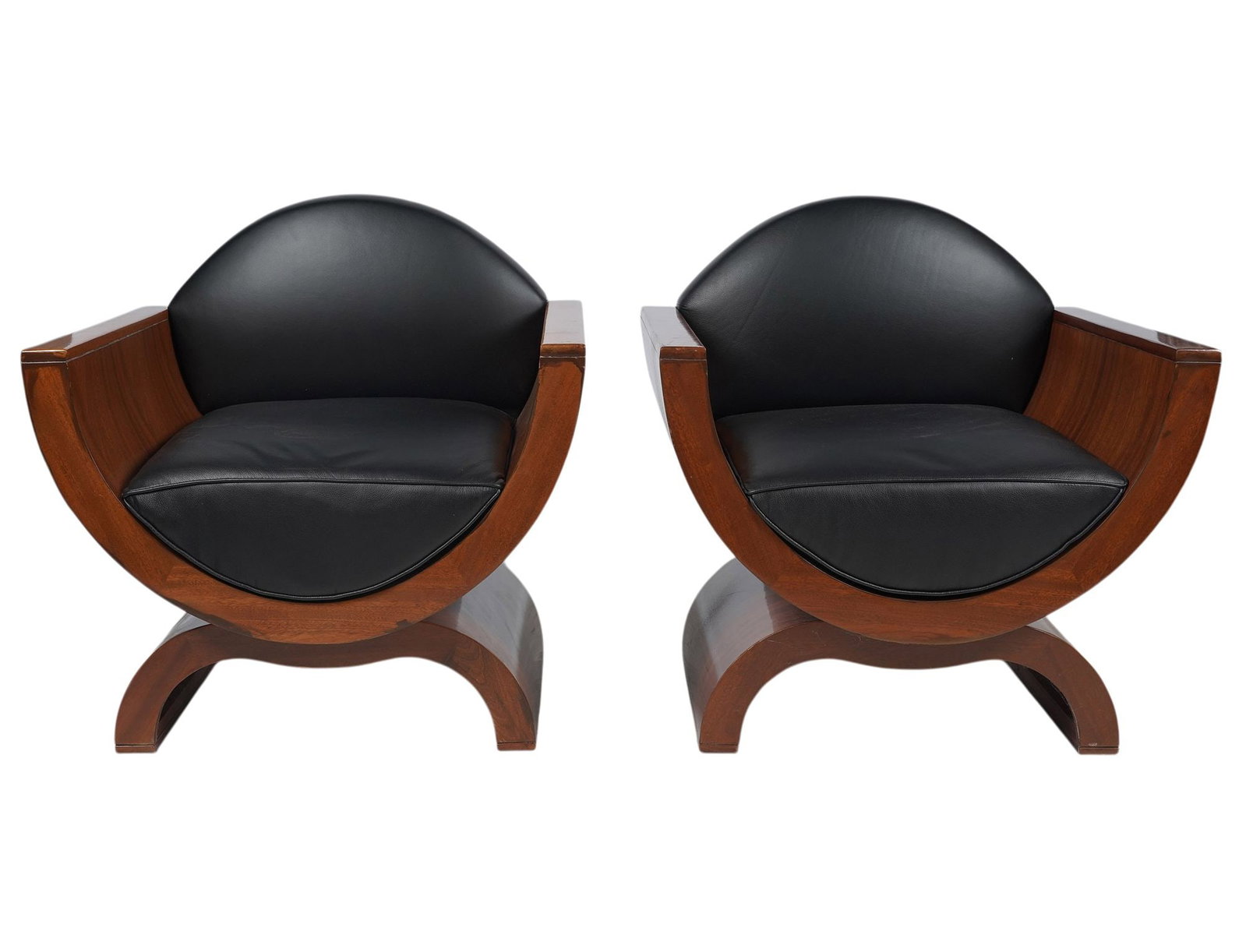 Pair of French Art Deco-Style Club Chairs: 31 3/4 x 30 1/2 x 26 3/4 in., seat height: 18 in.