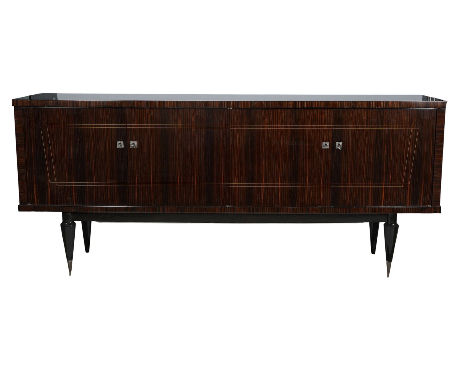 Large Deco-Style Rosewood Sideboard: late 20th century, with chrome hardware, line inlay, and metal feet, includes two keys, 39 1/4 x 90 1/2 x 18 3/4 in.