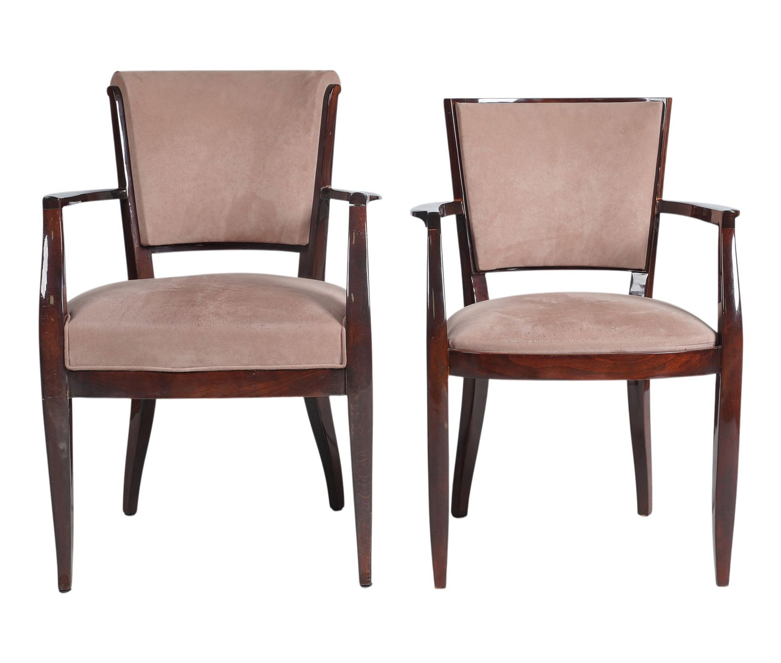 Pair of Lacquered Deco Style Armchairs: with suede upholstery, 32 1/2 x 23 x 19 in., seat height: 18 in.