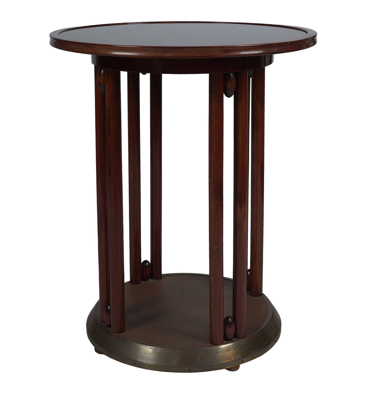 Josef Hoffmann (1870-1956), Fledermaus End Table: early 20th century, designed by J osef Hoffmann for Wittmann, with brass band to base and black glass top, 29 1/4 x 23 1/4 in.
