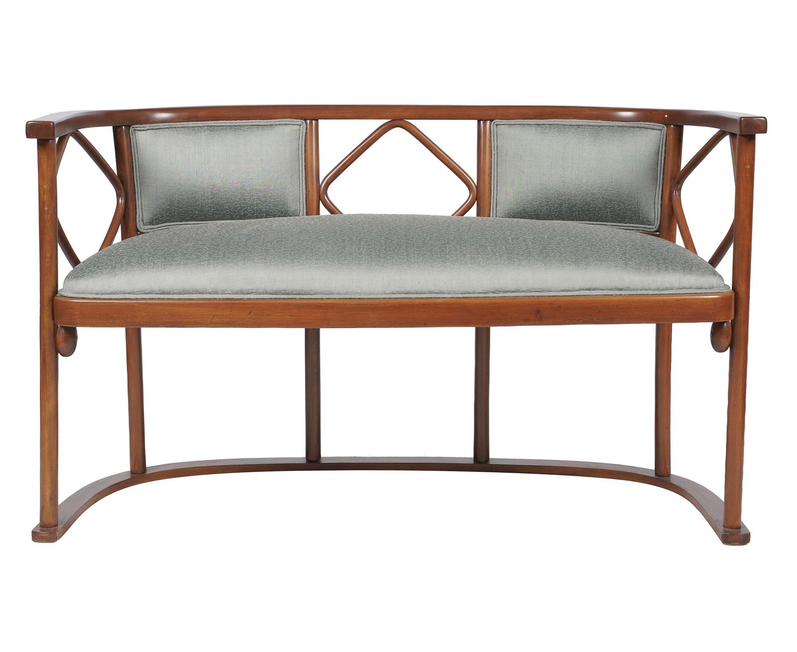 Josef Hoffmann (1870-1956), Art Nouveau Bench: circa 1920, Designs for the Cabaret Fledermaus, Vienna, bentwood with geometric openwork back, 29 x 48 1/2 x 21 in., seat height: 20 in.