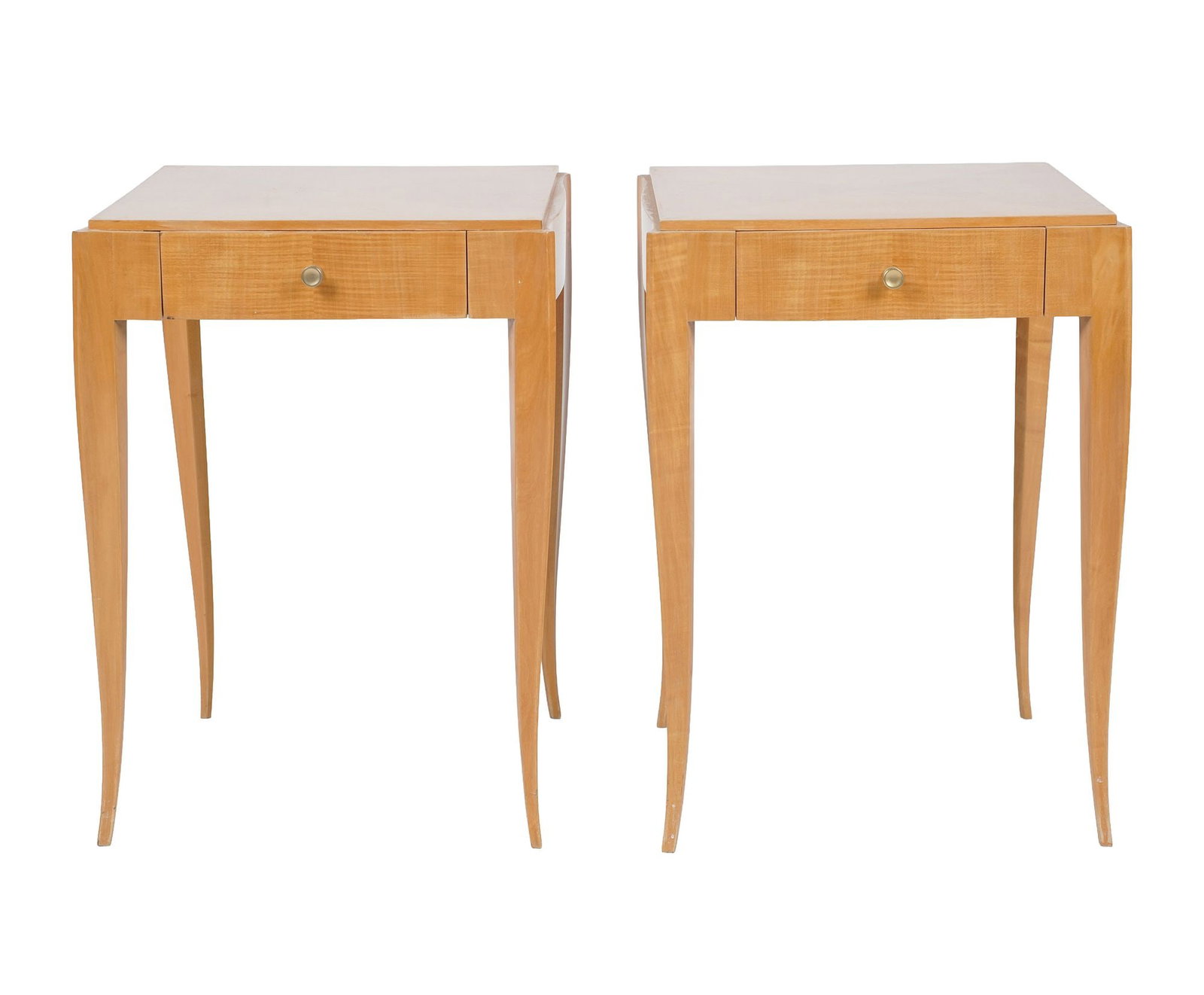 Pair of Domonique Paris Blonde Wood Side Tables: branded to underside, 21 3/4 x 16 x 16 in.