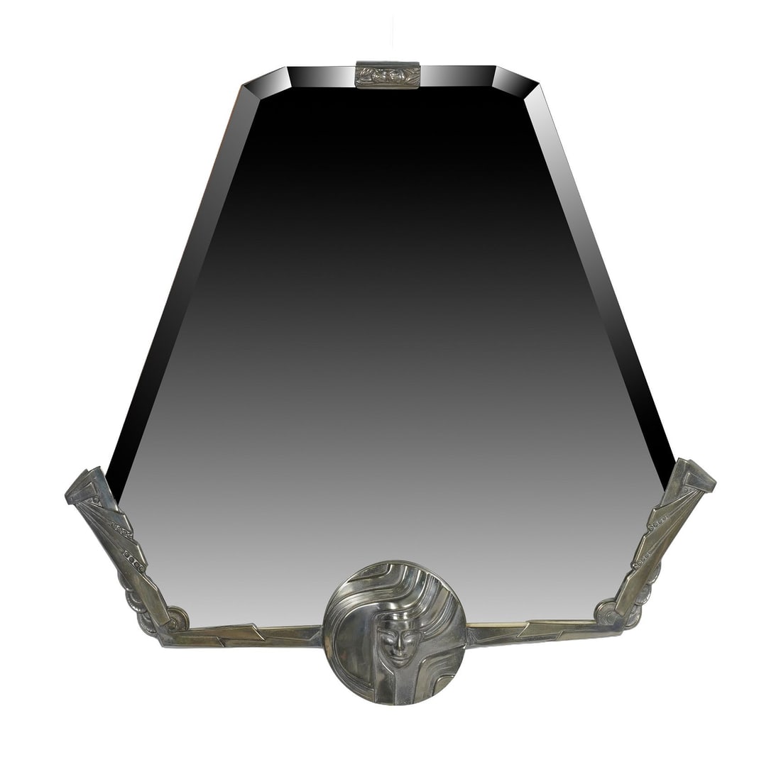 Vintage French Art Deco Wall Mirror: mid 20th century, nickleplate, 31 1/2 x 32 in.
