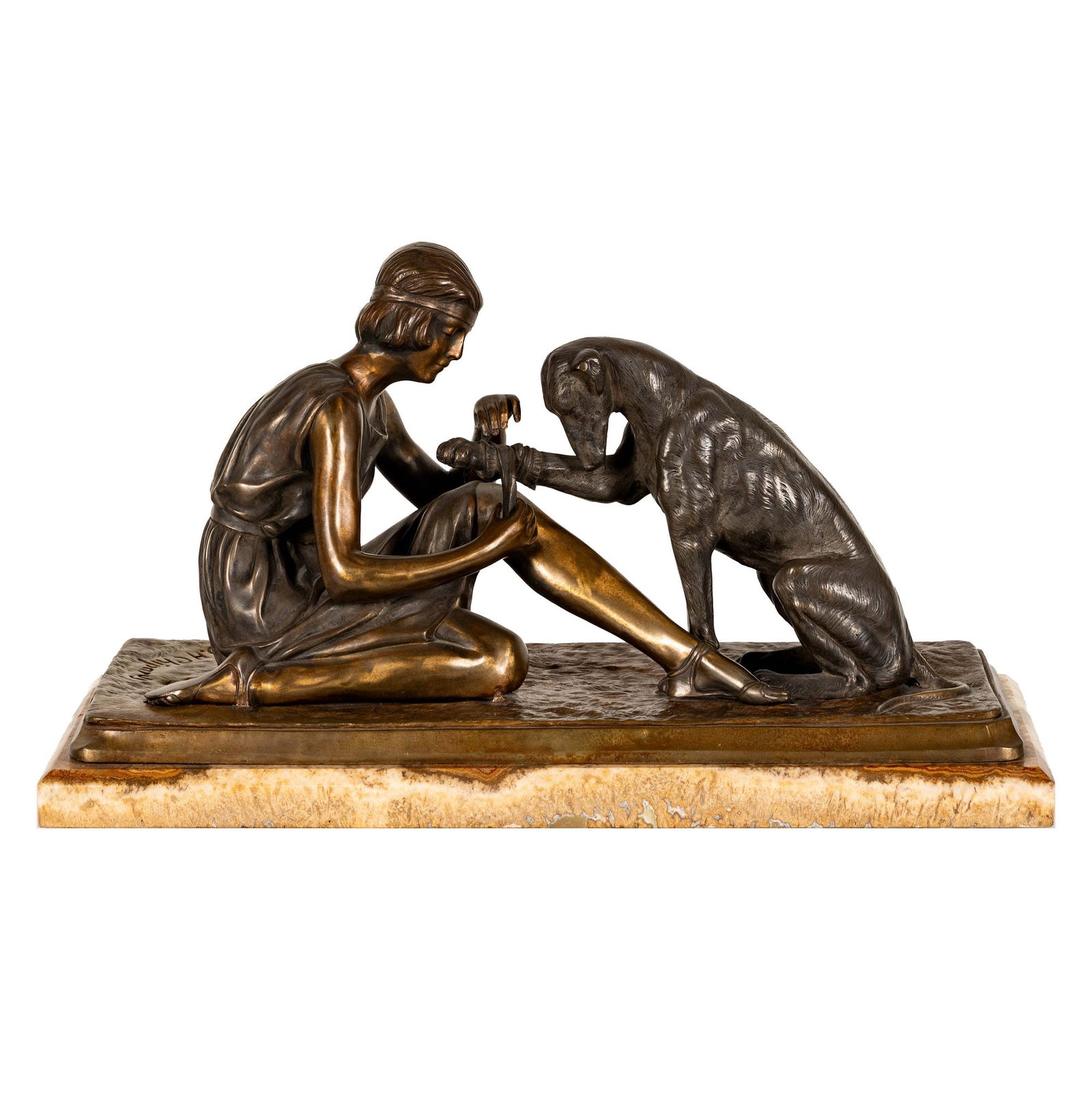 Demetre Chiparus (Romanian/French, 1886-1947), Accidente de Chasse: broonze on mable base, signed, overall: 12 1/2 x 23 1/2 x 10 1/2 in.