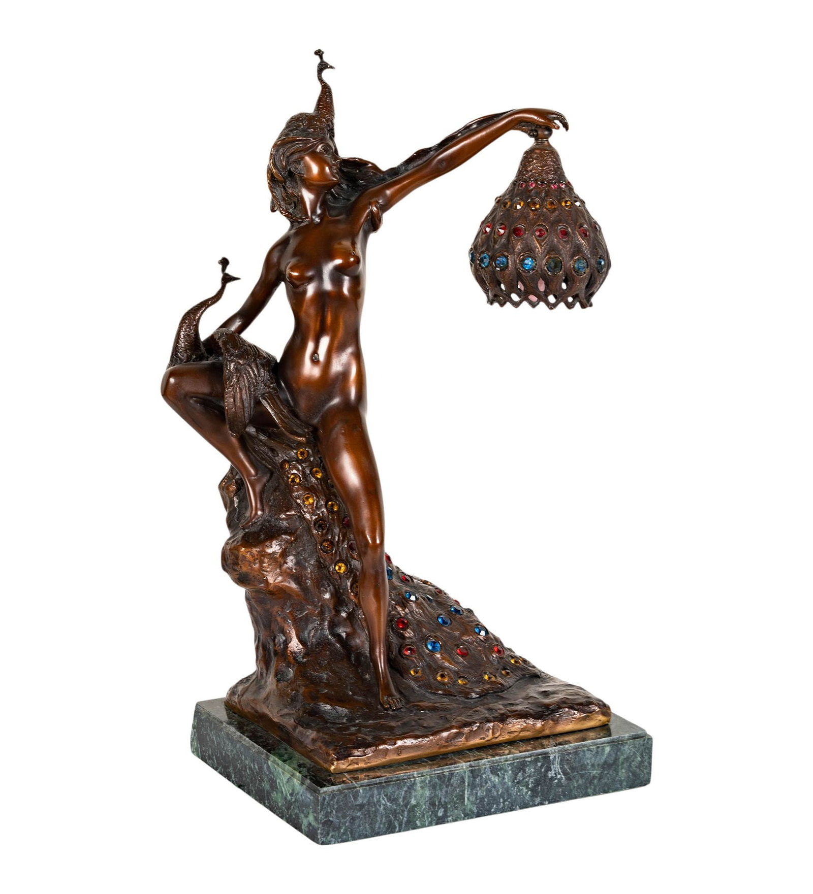 Philippe Wolfers (Belgian, 1858-1929), Art Nouveau Peacock and Girl Lamp: bronze mounted to marble, signed in casting, 16 x 11 in.