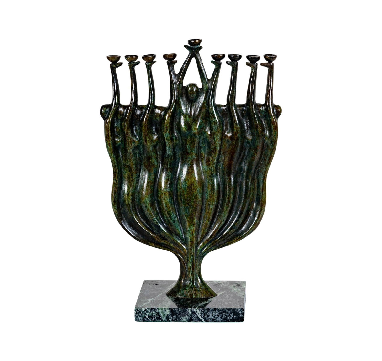 Ruth Bloch (b.1951), Figural Menorah: bronze mounted to marble base, signed in casting, 15 x 10 in.