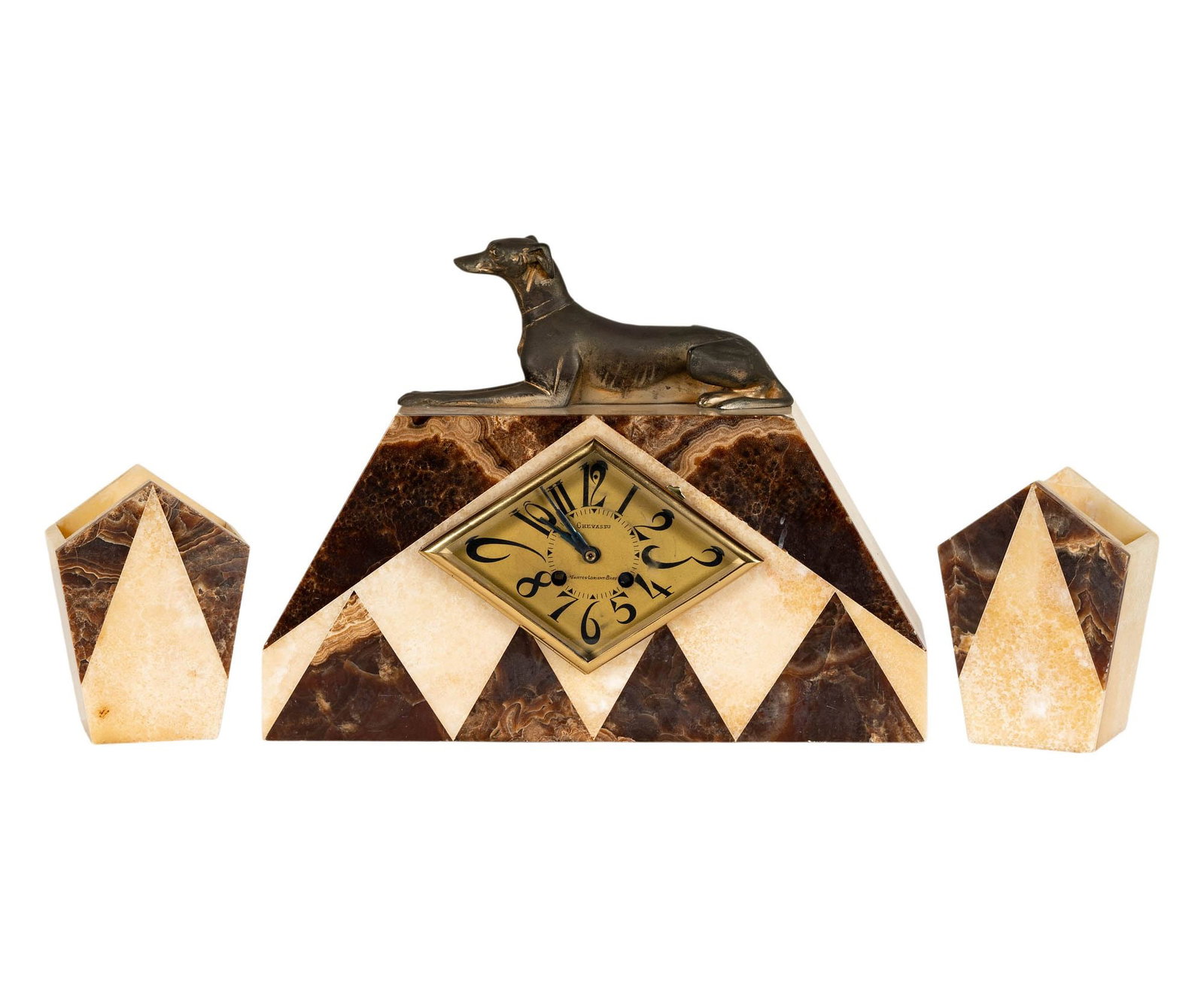 Art Deco Greyhound Clock Set: clock: 11 x 14 3/4 x 3 3/4 in.