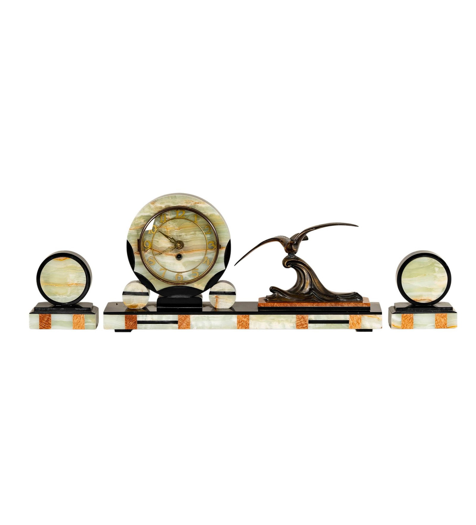 French Art Deco Onxy and Marble Three Piece Mantel Clock (1 of 19)