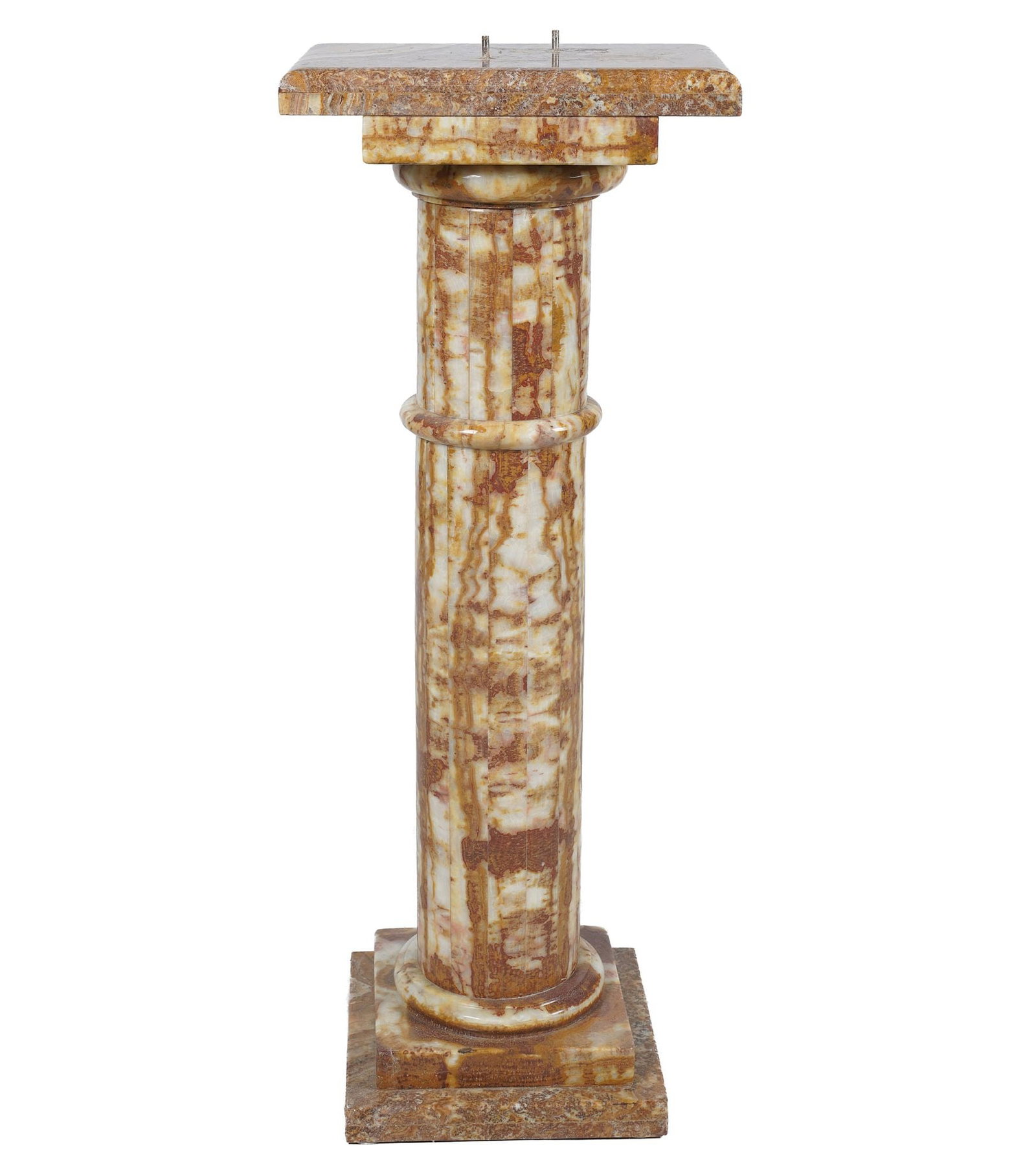 Green and Brown Marble Pedestal: with two mounting prongs on top of pedestal, 39 x 15 x 10 in.