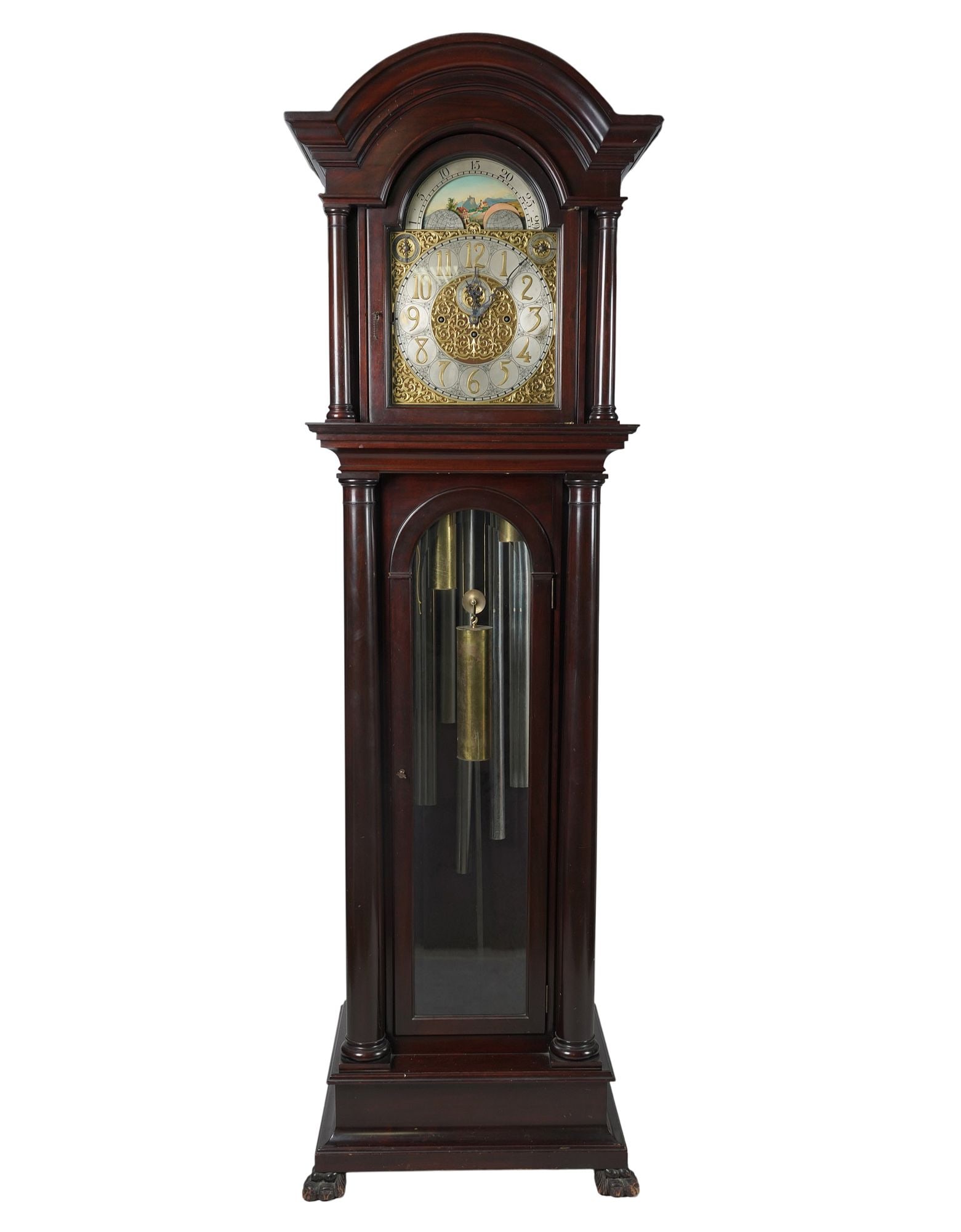 Mahogany Nine-Tube Grandfather Clock: early 20th century, with weights and a pendulum,